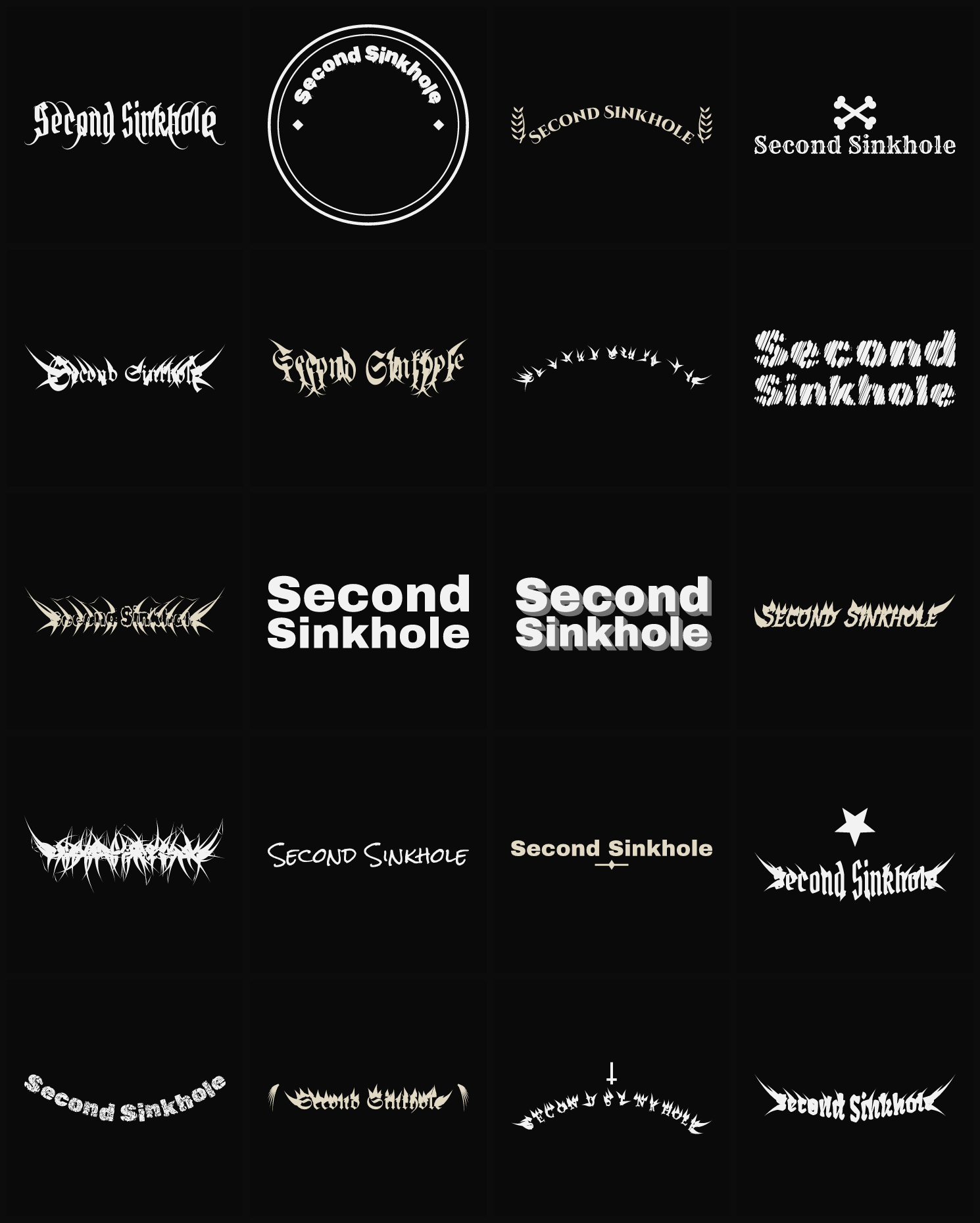 Twenty Second Sinkhole band logo ideas — different faces, treatments and spike settings