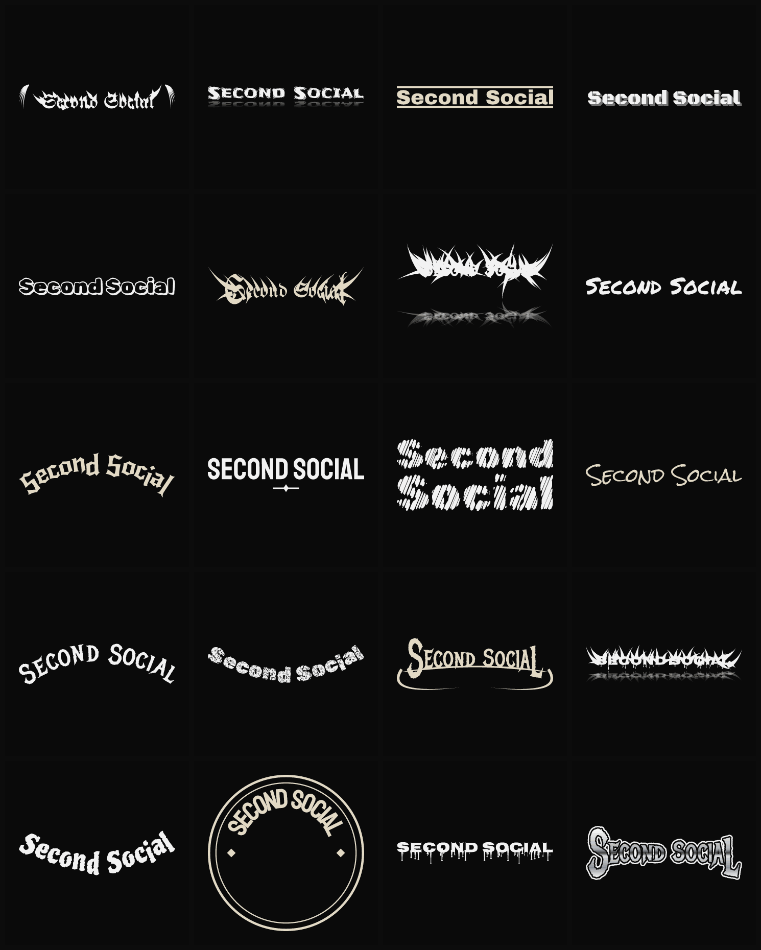 Twenty Second Social band logo ideas — different faces, treatments and spike settings