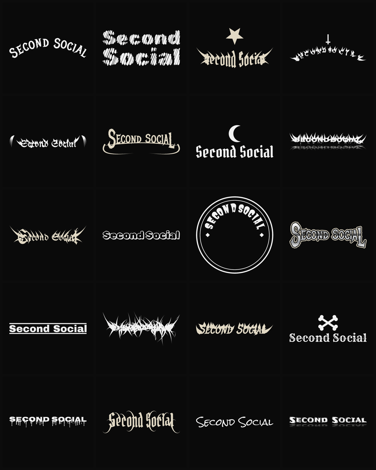 Twenty Second Social band logo ideas — different faces, treatments and spike settings