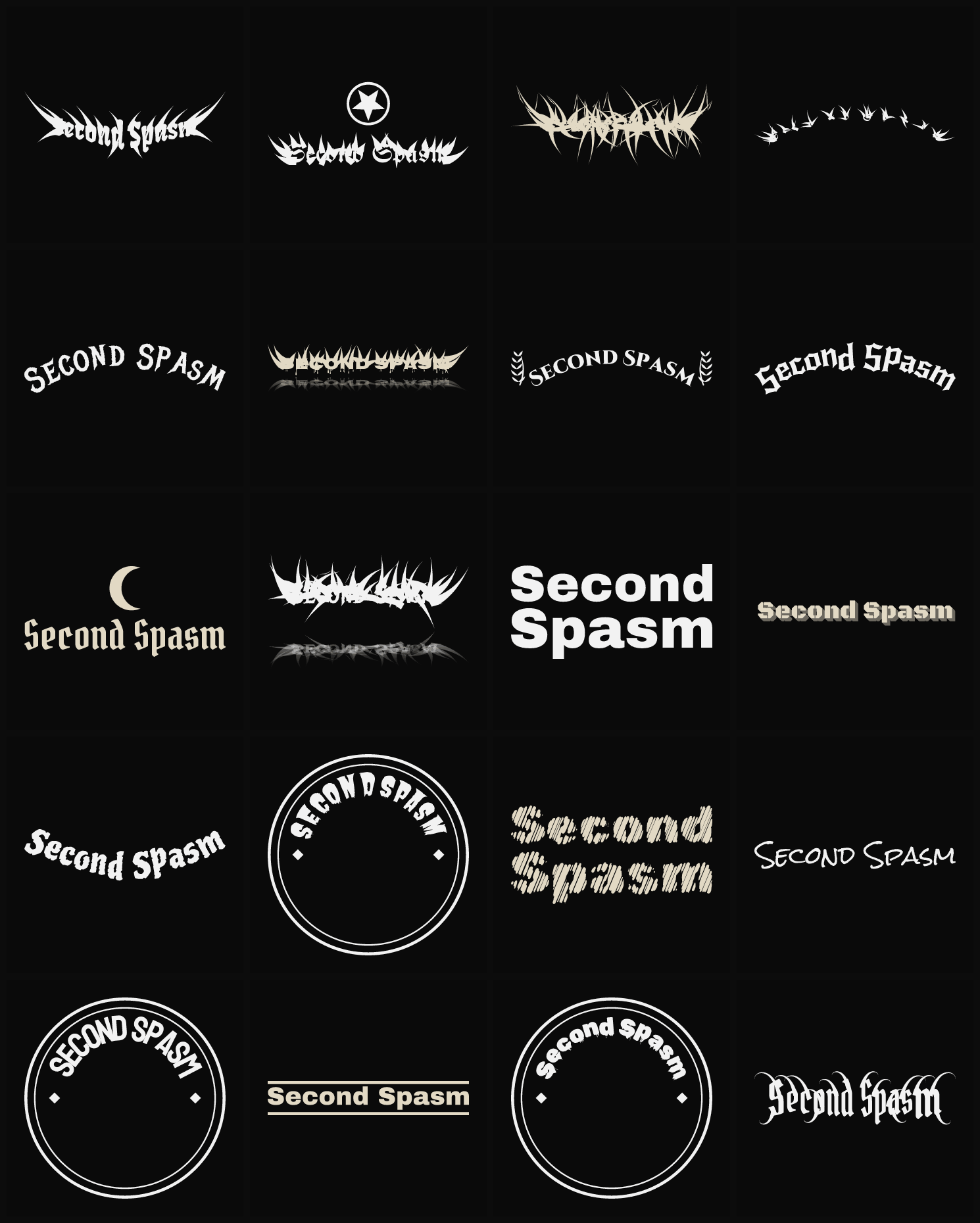 Twenty Second Spasm band logo ideas — different faces, treatments and spike settings