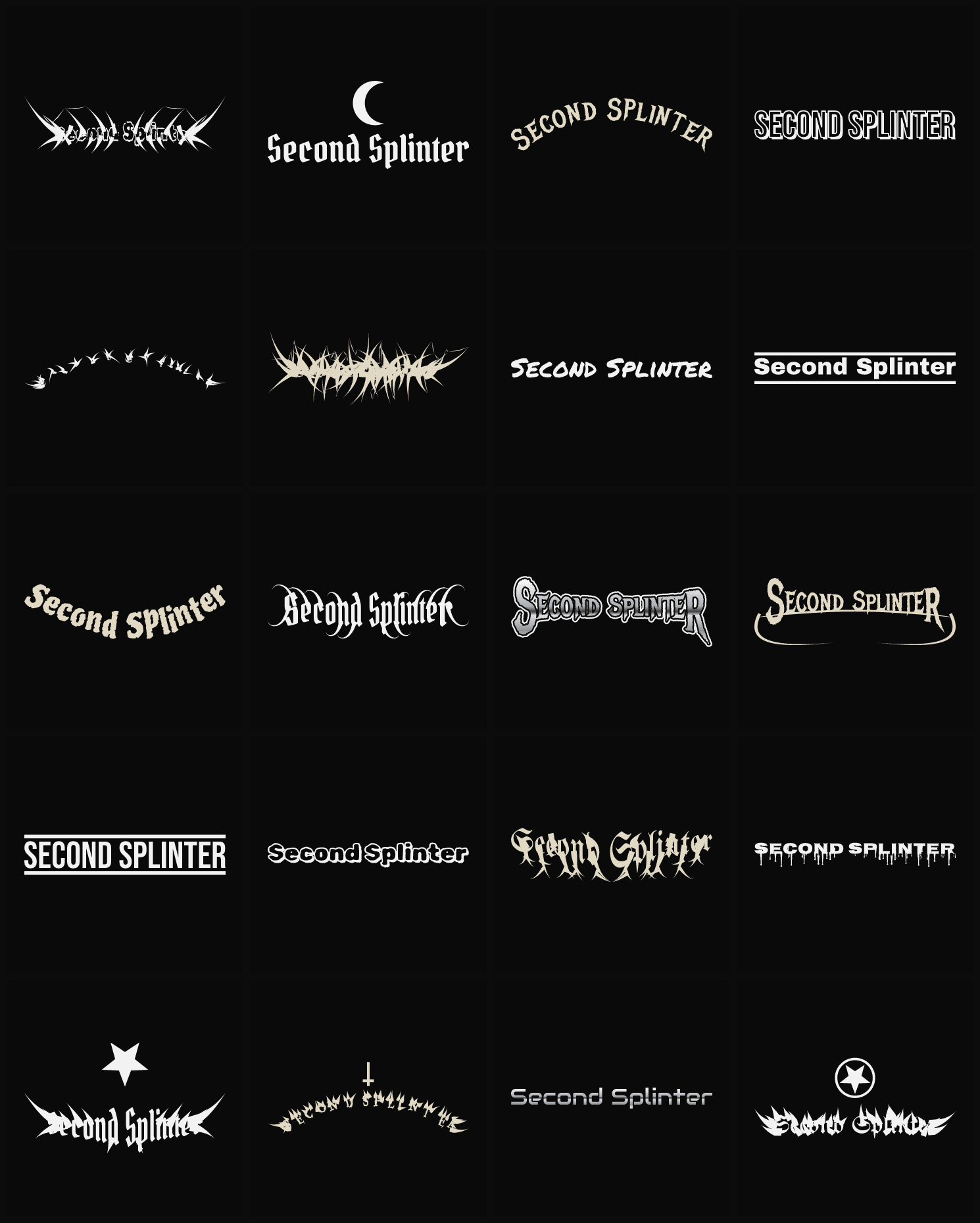 Twenty Second Splinter band logo ideas — different faces, treatments and spike settings