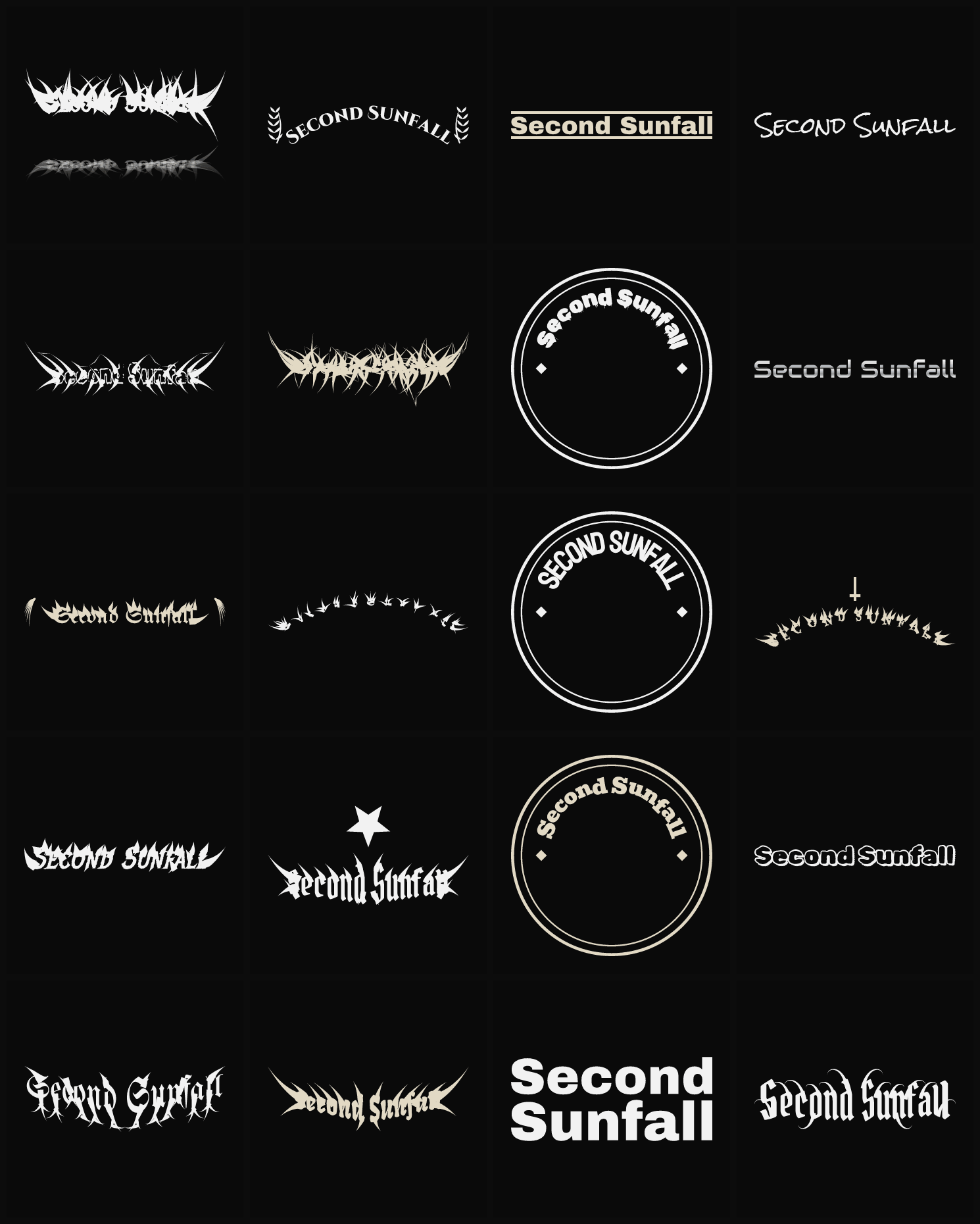 Twenty Second Sunfall band logo ideas — different faces, treatments and spike settings