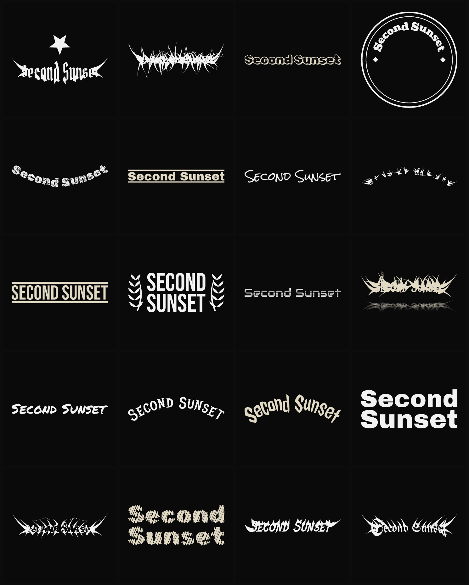 Twenty Second Sunset band logo ideas — different faces, treatments and spike settings