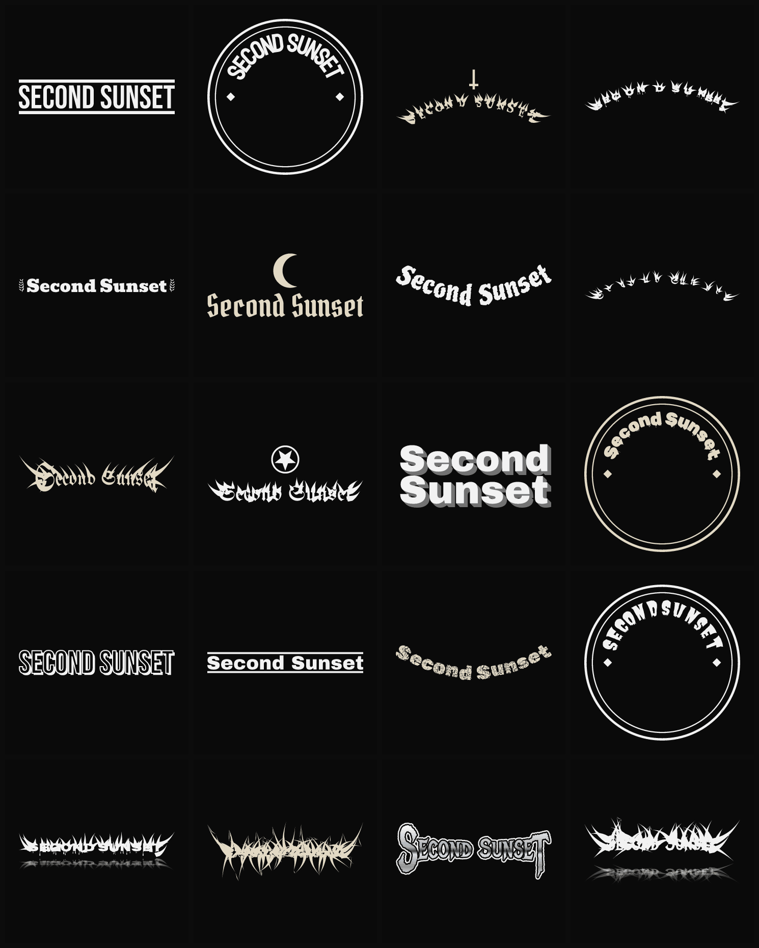 Twenty Second Sunset band logo ideas — different faces, treatments and spike settings