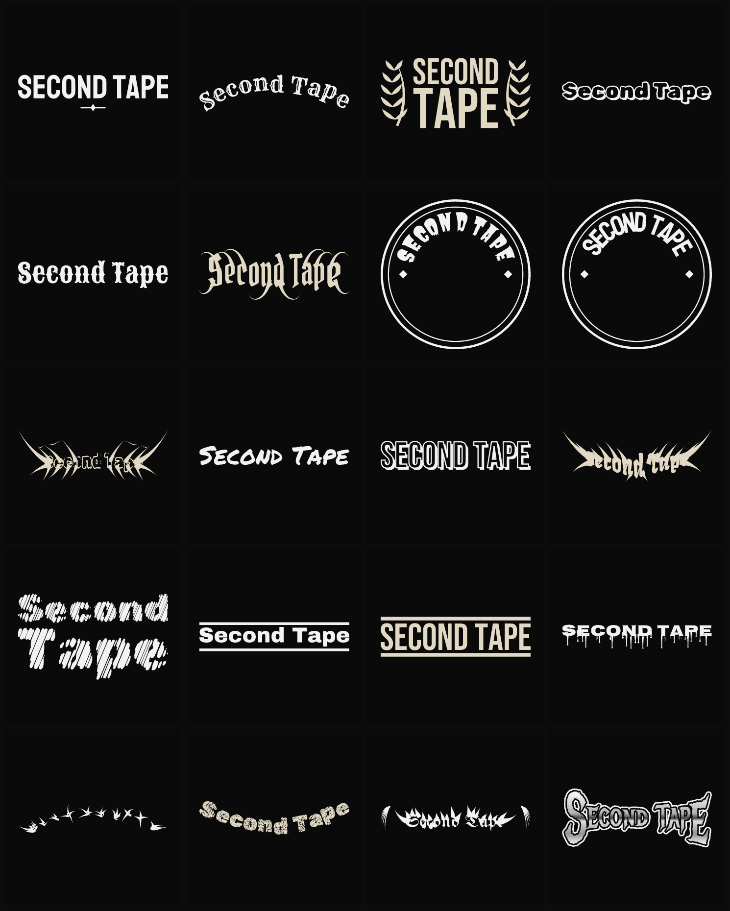 Twenty Second Tape band logo ideas — different faces, treatments and spike settings