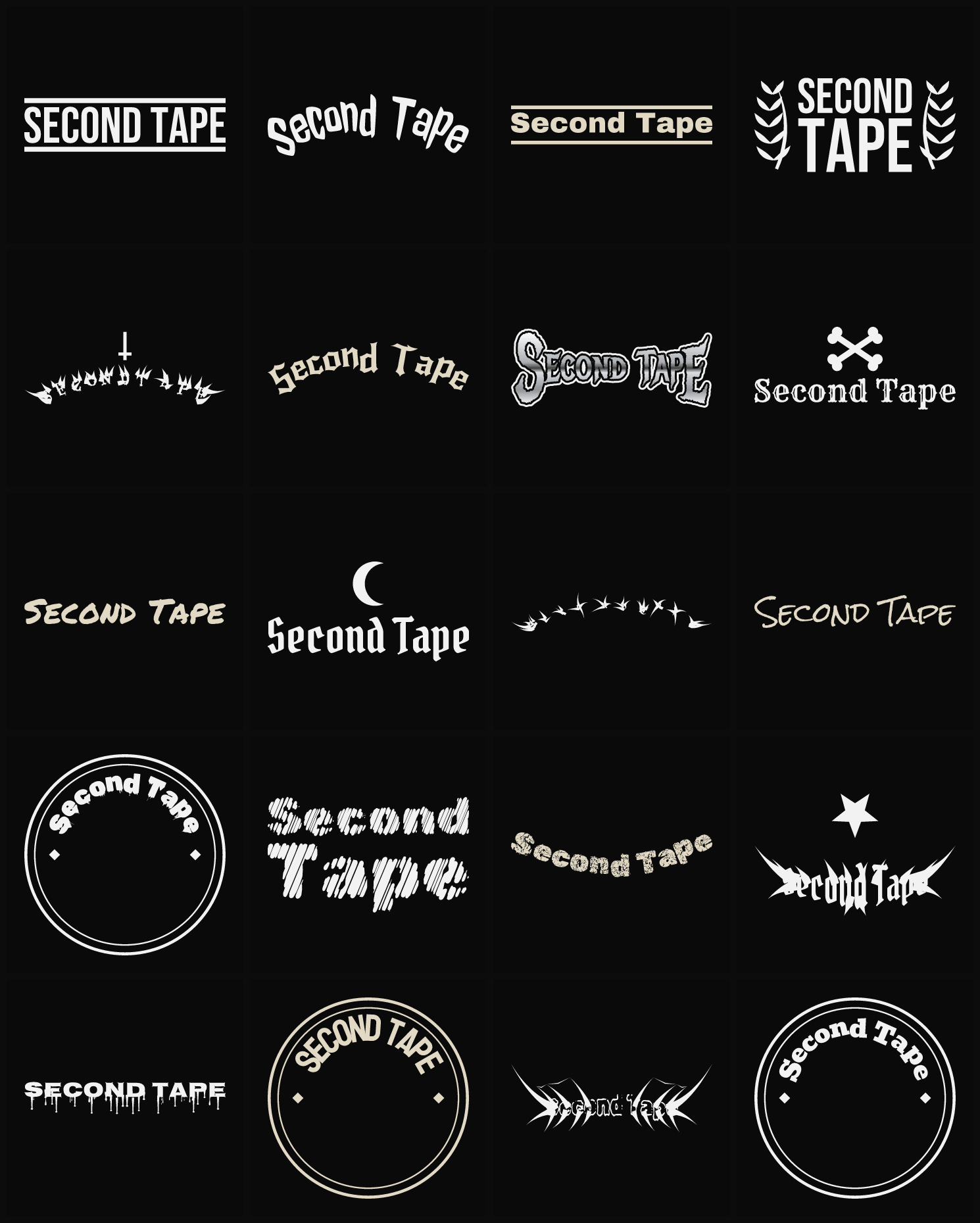 Twenty Second Tape band logo ideas — different faces, treatments and spike settings