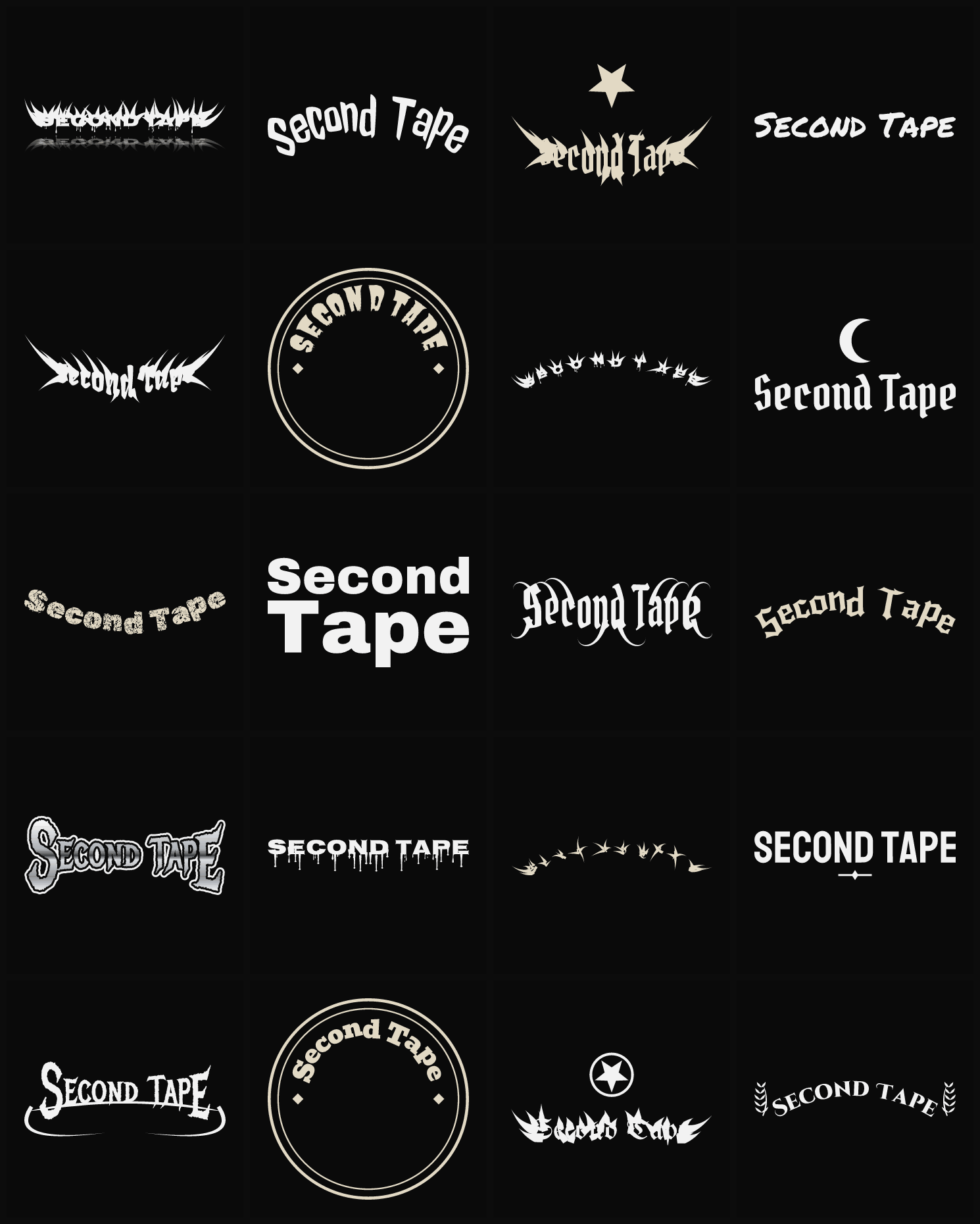 Twenty Second Tape band logo ideas — different faces, treatments and spike settings