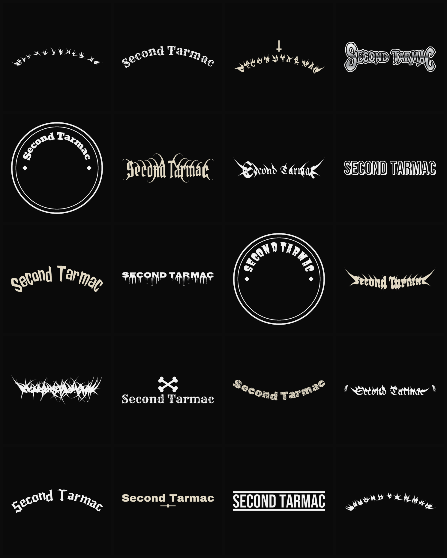 Twenty Second Tarmac band logo ideas — different faces, treatments and spike settings