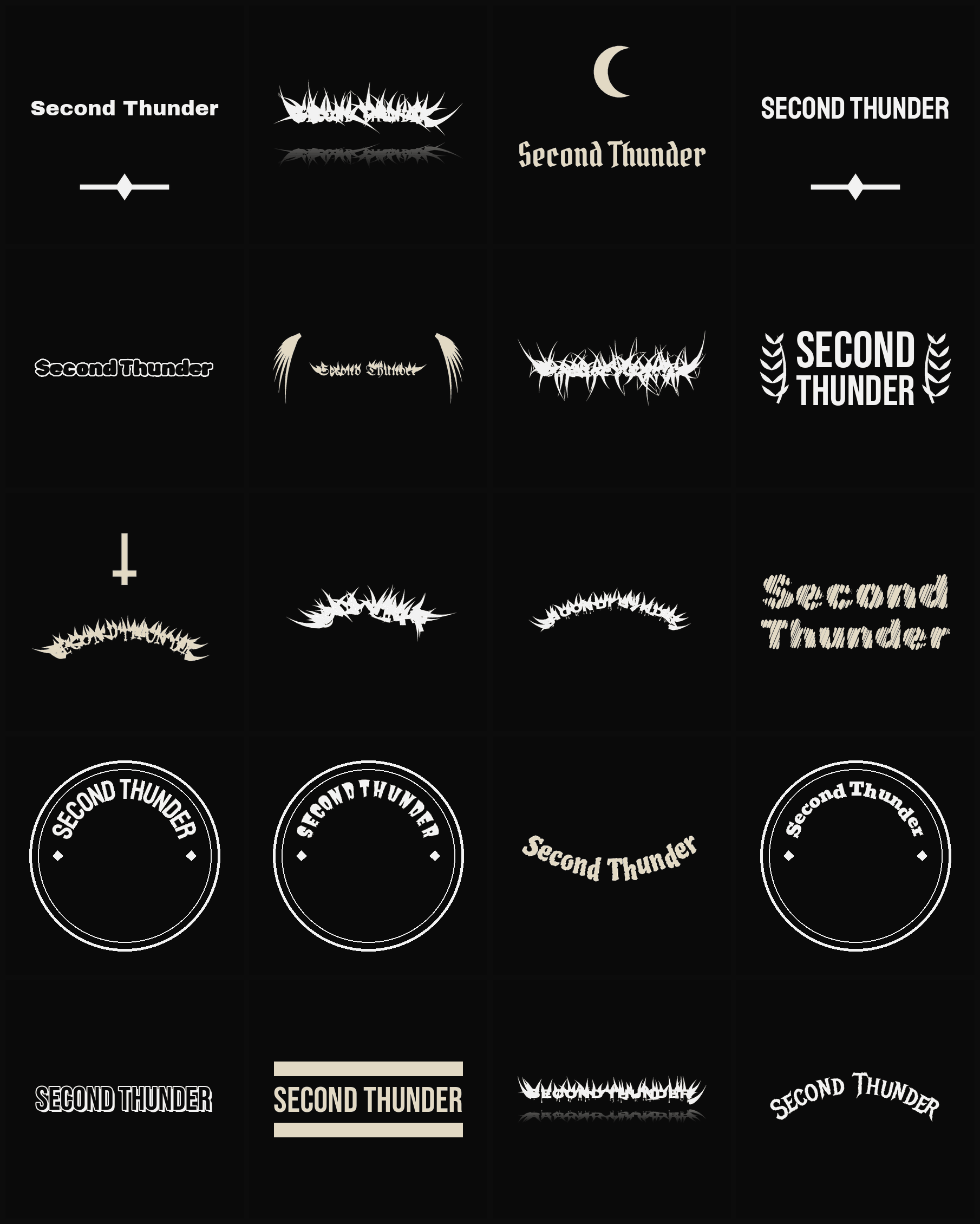 Twenty Second Thunder band logo ideas — different faces, treatments and spike settings