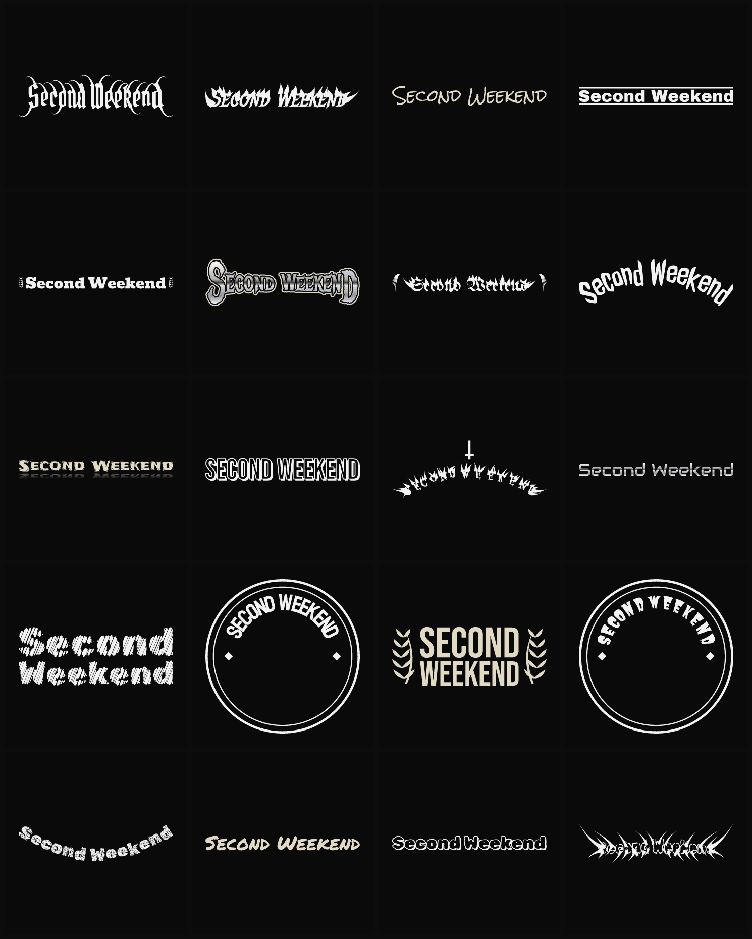 Twenty Second Weekend band logo ideas — different faces, treatments and spike settings