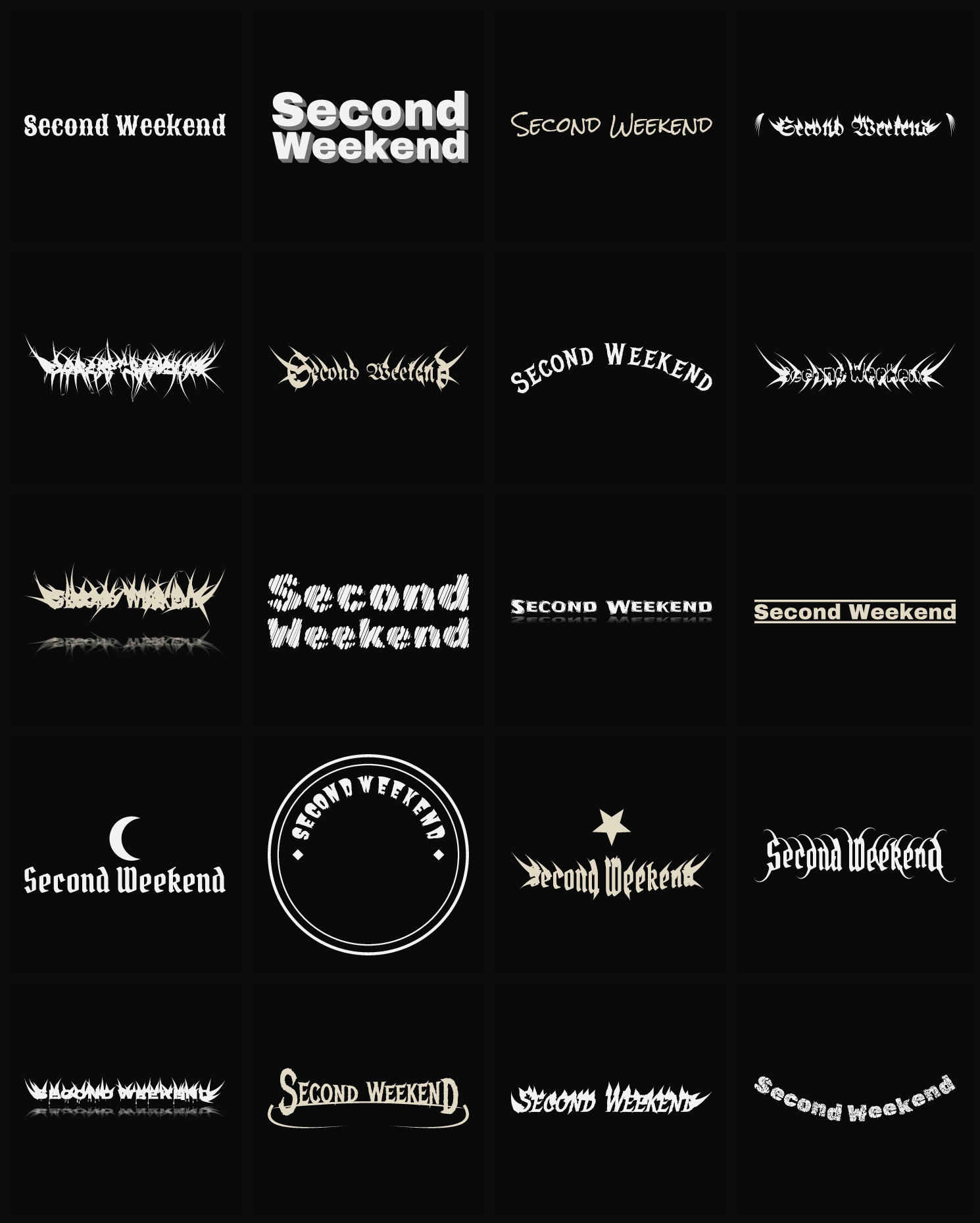 Twenty Second Weekend band logo ideas — different faces, treatments and spike settings