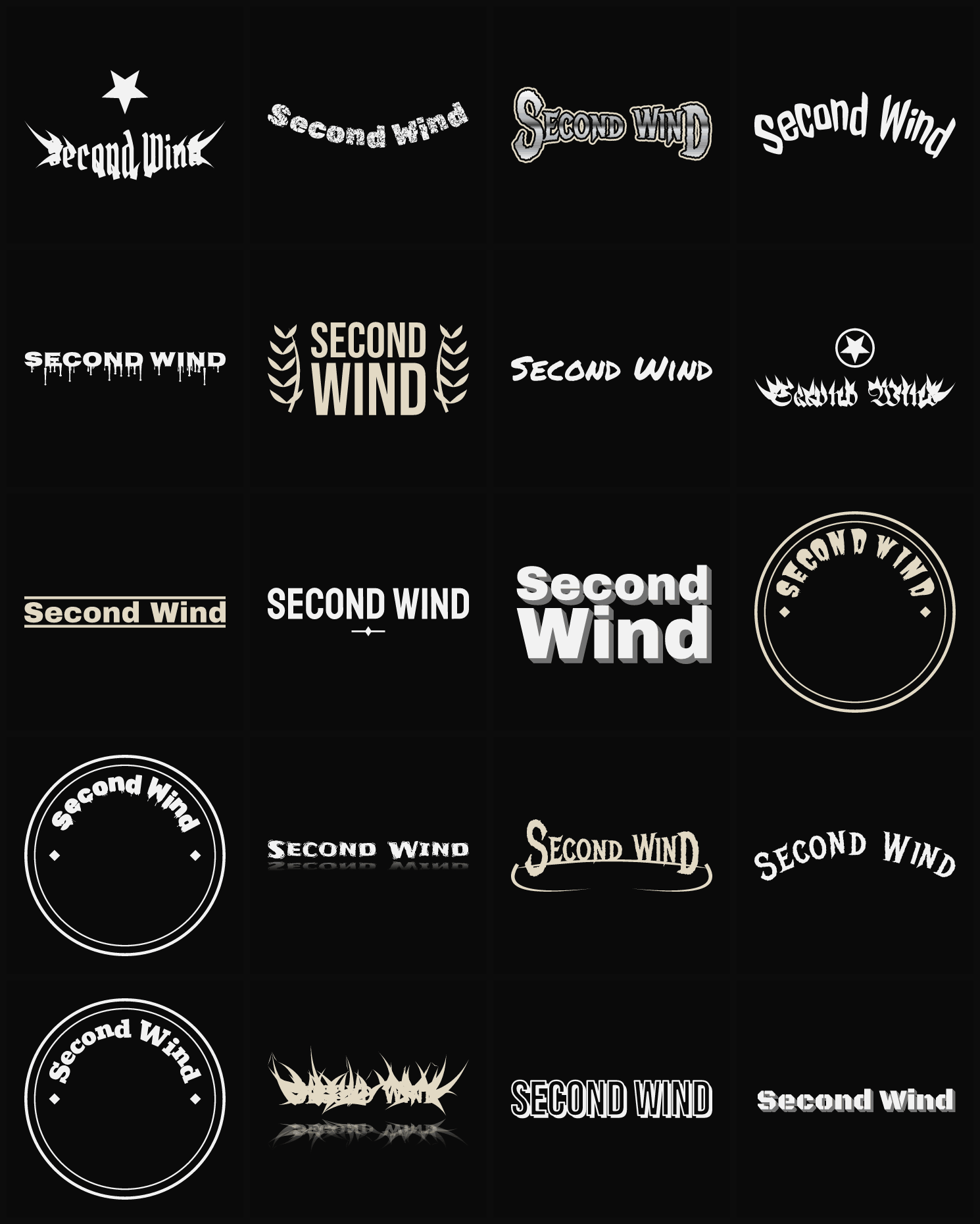 Twenty Second Wind band logo ideas — different faces, treatments and spike settings