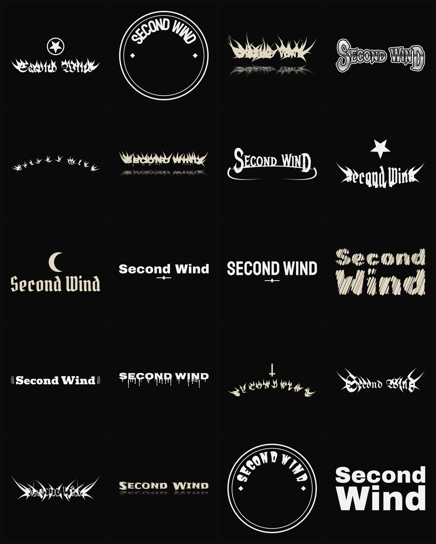 Twenty Second Wind band logo ideas — different faces, treatments and spike settings