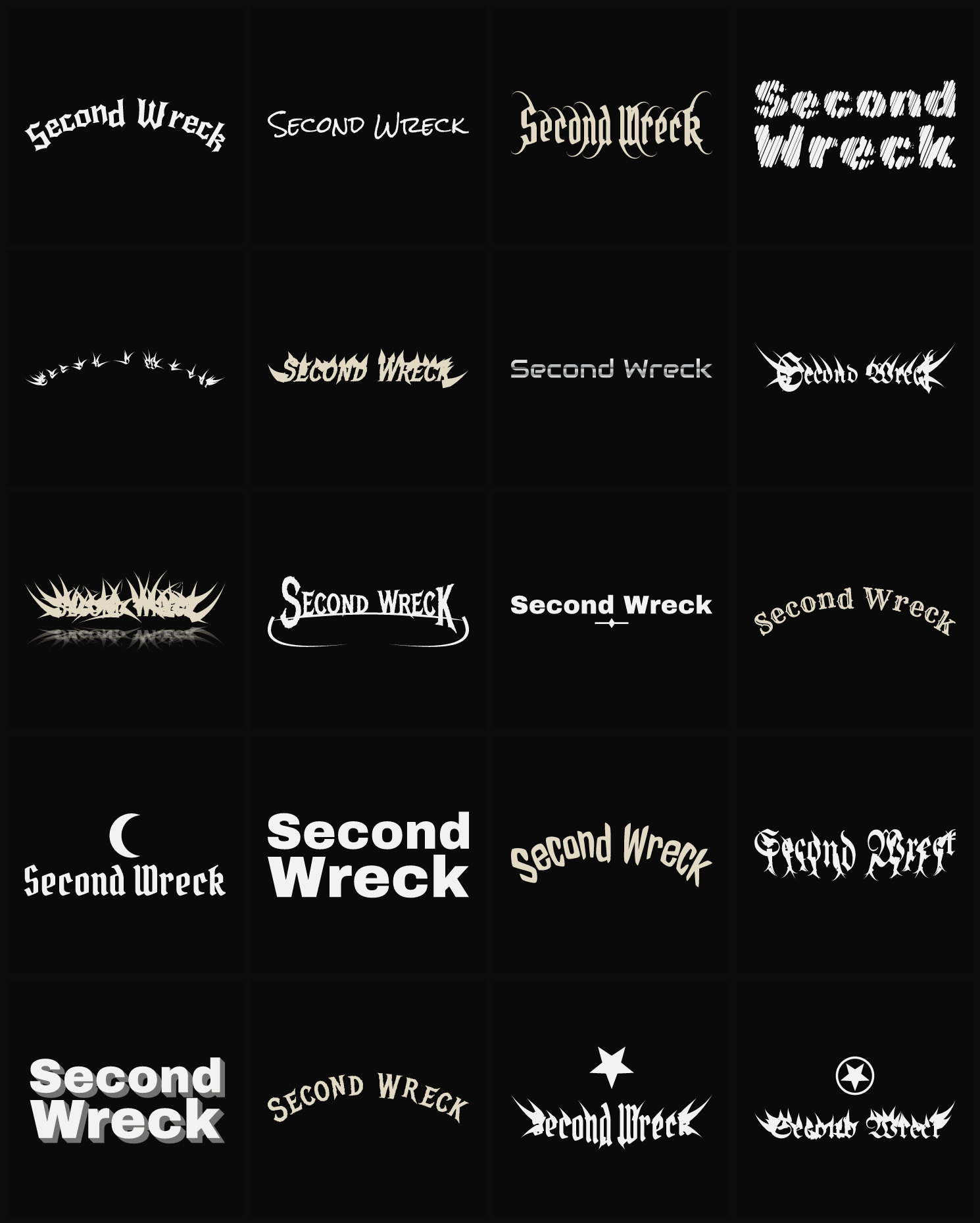 Twenty Second Wreck band logo ideas — different faces, treatments and spike settings