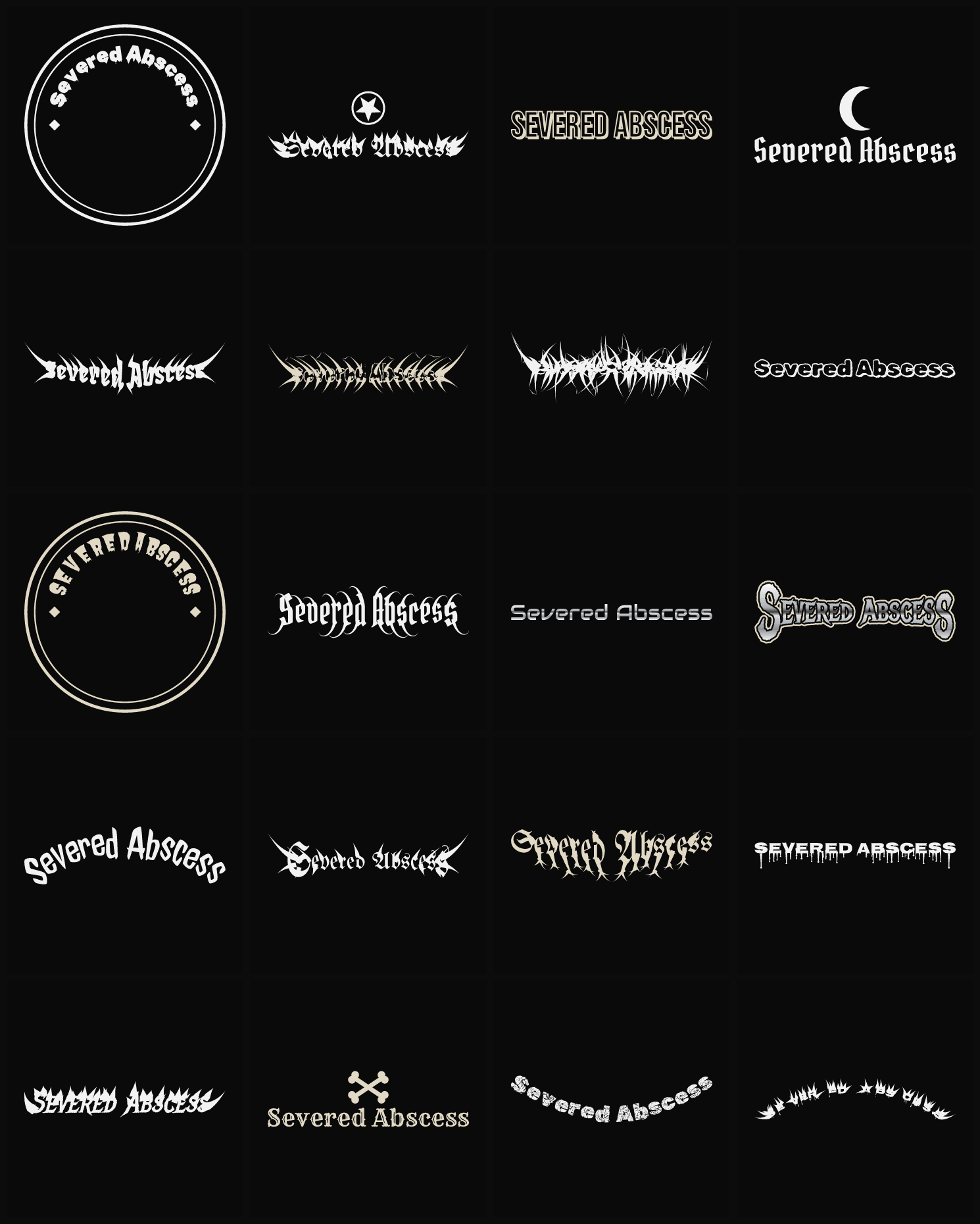 Twenty Severed Abscess band logo ideas — different faces, treatments and spike settings