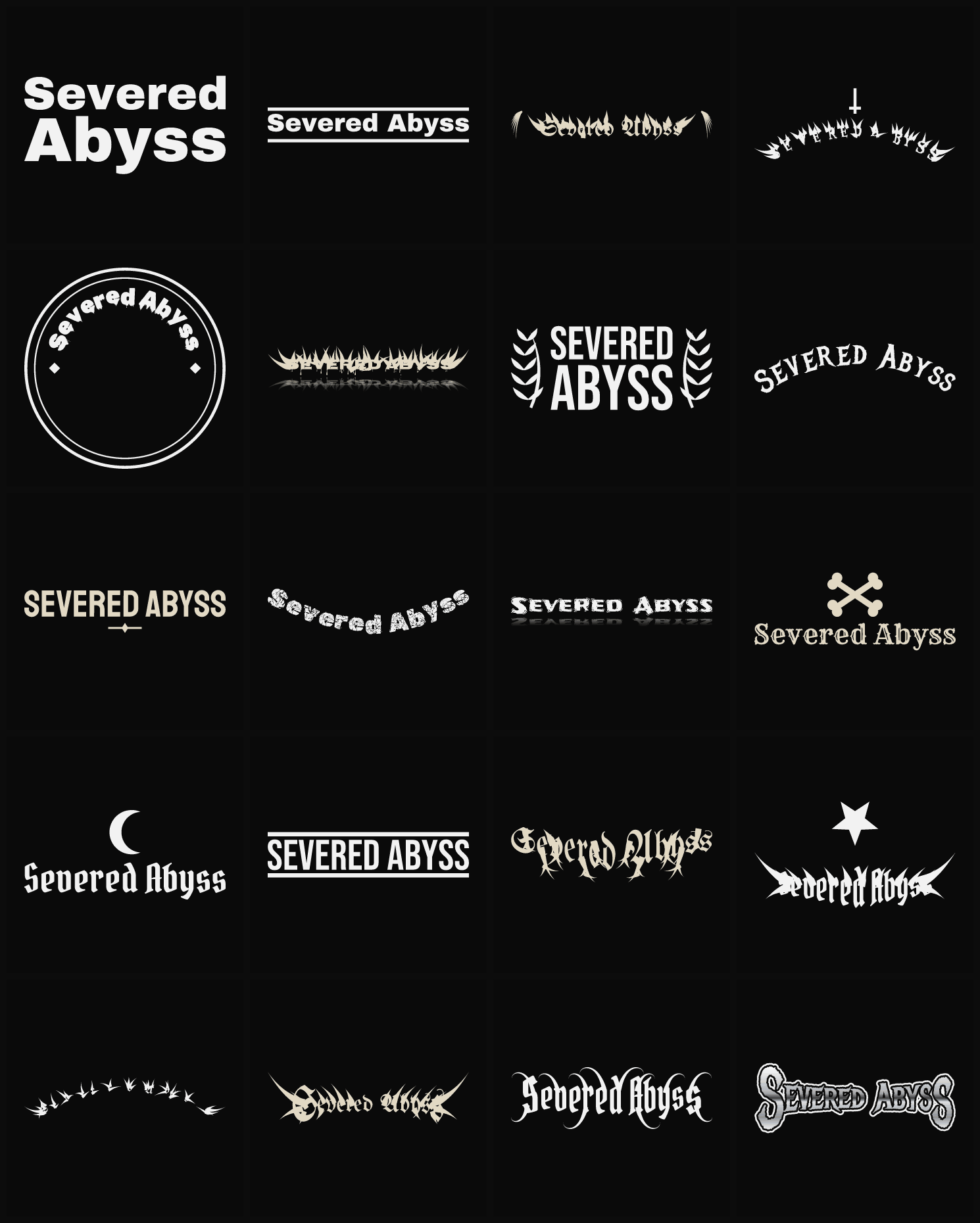 Twenty Severed Abyss band logo ideas — different faces, treatments and spike settings