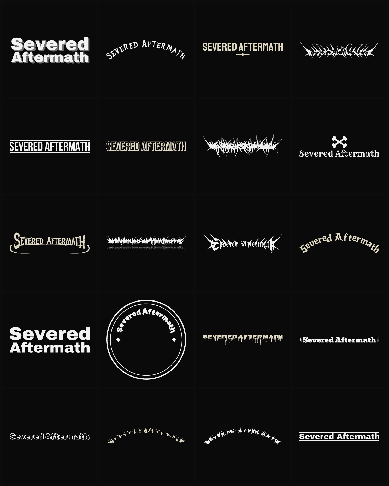 Twenty Severed Aftermath band logo ideas — different faces, treatments and spike settings