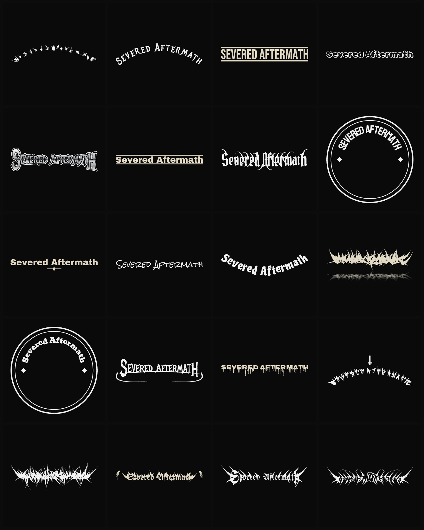 Twenty Severed Aftermath band logo ideas — different faces, treatments and spike settings