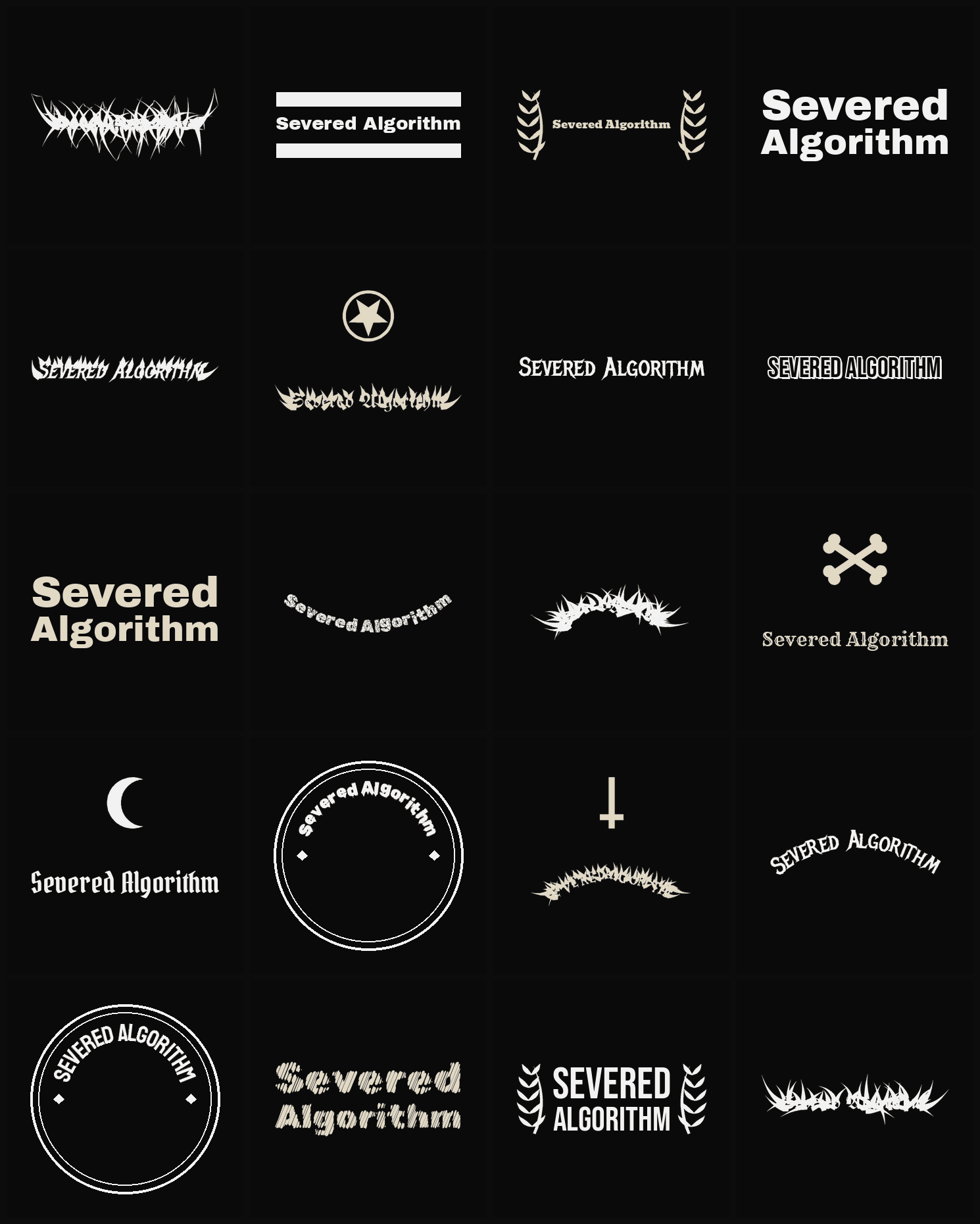 Twenty Severed Algorithm band logo ideas — different faces, treatments and spike settings