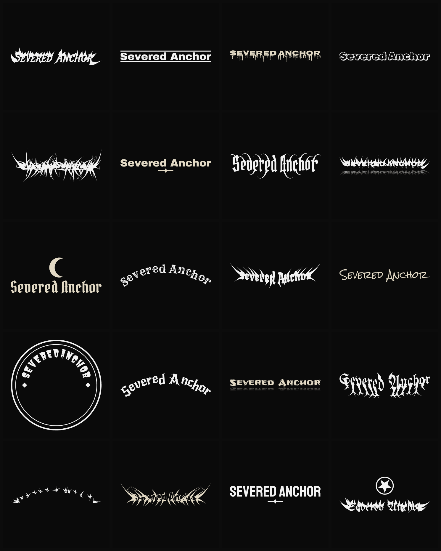 Twenty Severed Anchor band logo ideas — different faces, treatments and spike settings