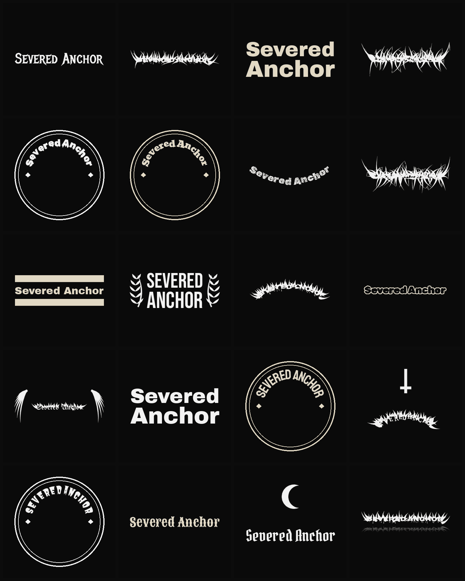 Twenty Severed Anchor band logo ideas — different faces, treatments and spike settings