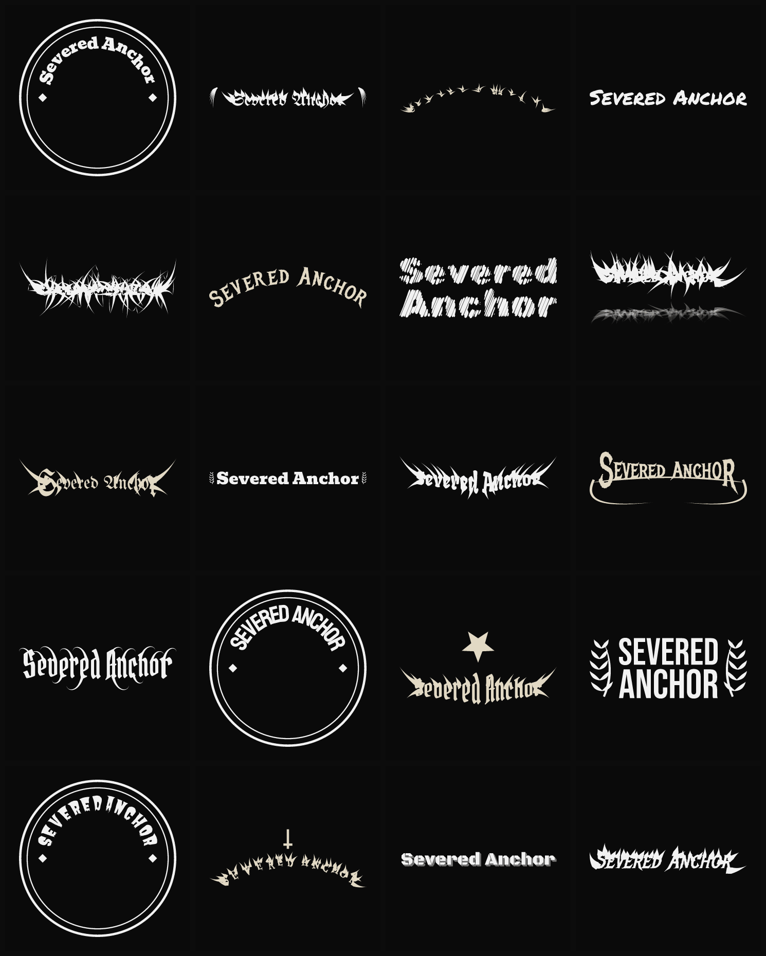 Twenty Severed Anchor band logo ideas — different faces, treatments and spike settings