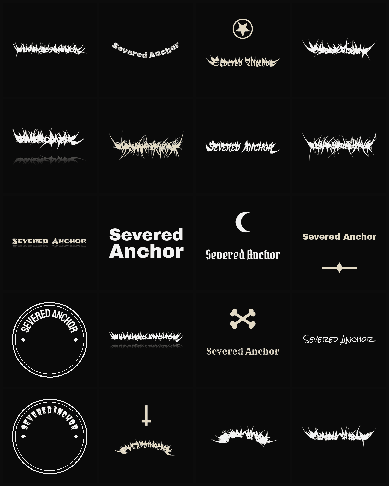Twenty Severed Anchor band logo ideas — different faces, treatments and spike settings