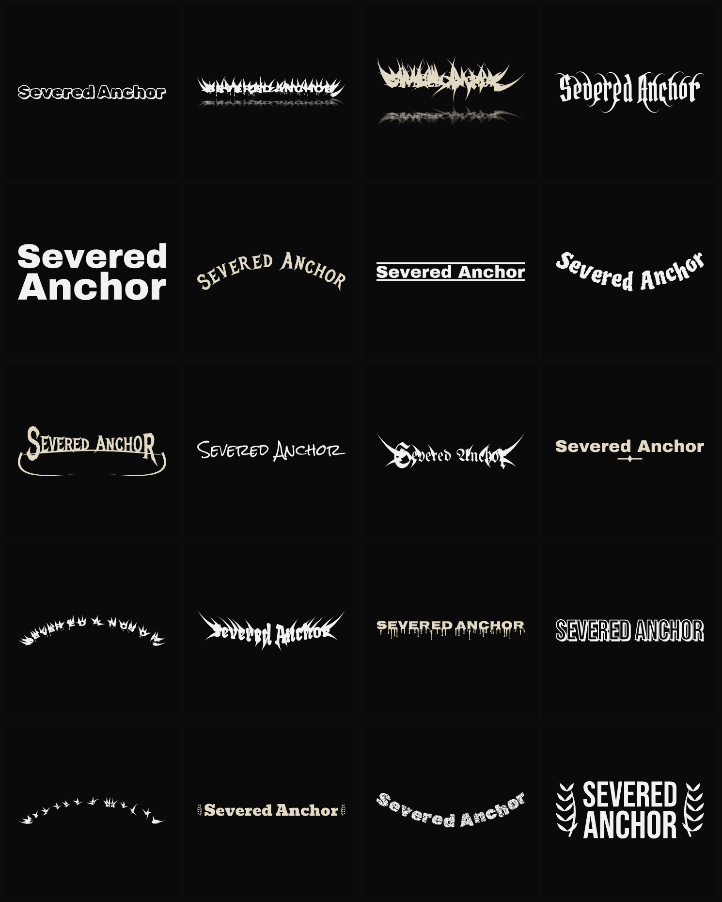 Twenty Severed Anchor band logo ideas — different faces, treatments and spike settings