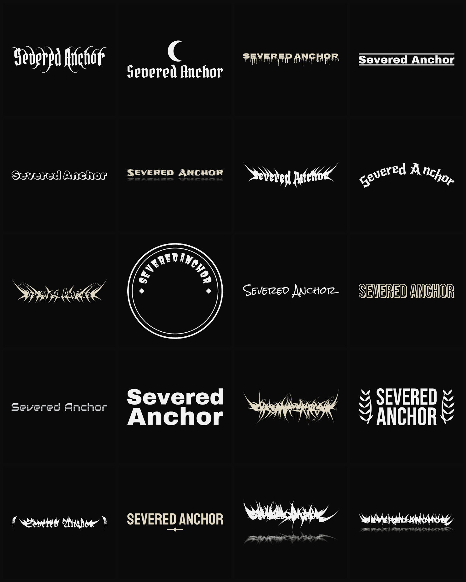 Twenty Severed Anchor band logo ideas — different faces, treatments and spike settings