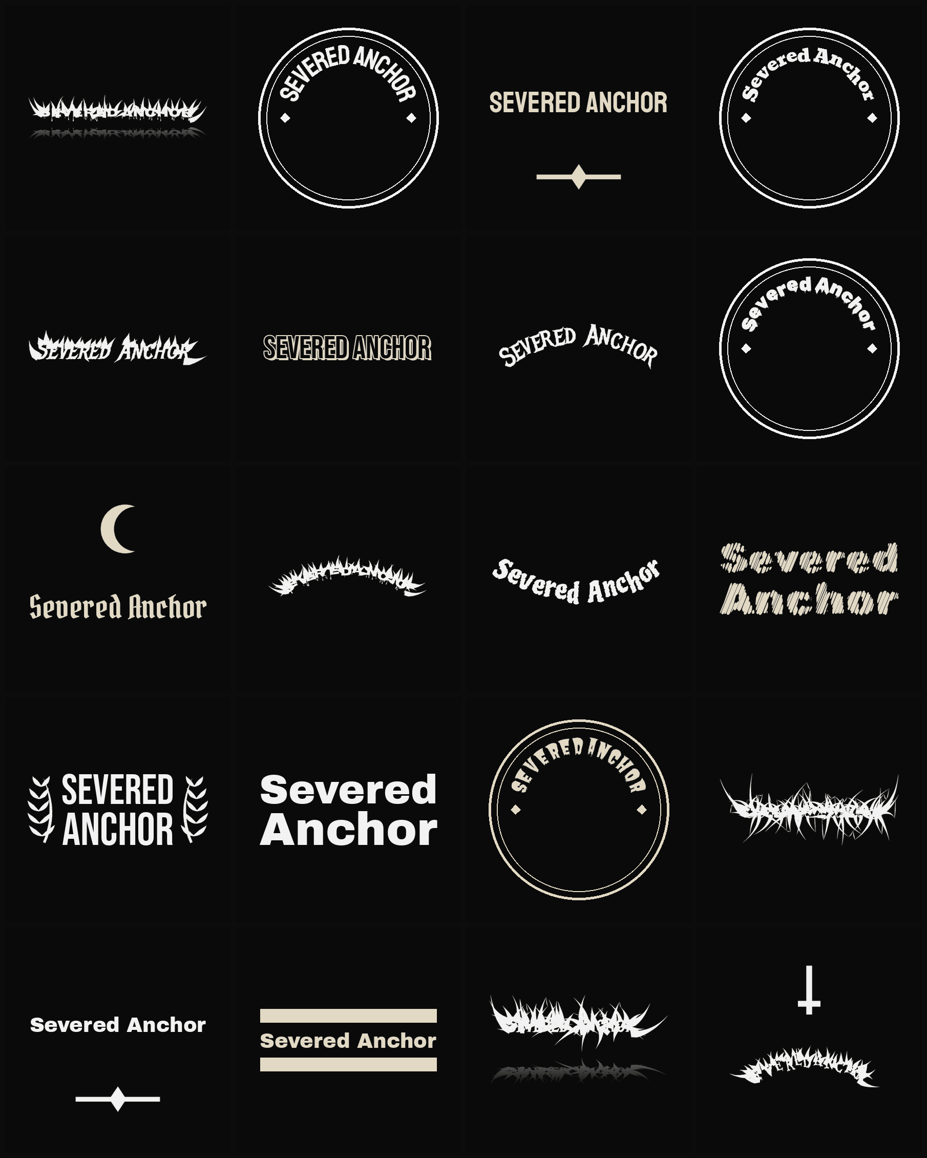 Twenty Severed Anchor band logo ideas — different faces, treatments and spike settings