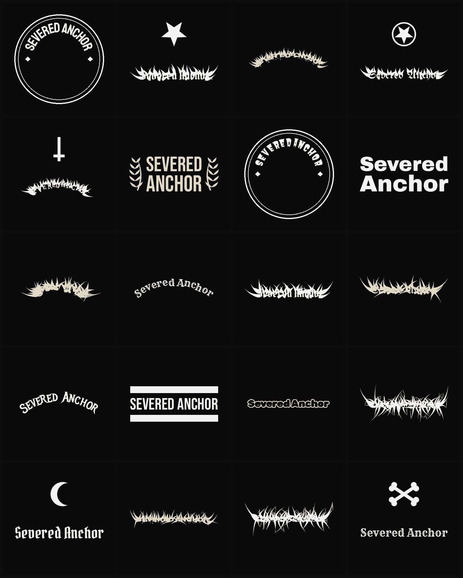 Twenty Severed Anchor band logo ideas — different faces, treatments and spike settings