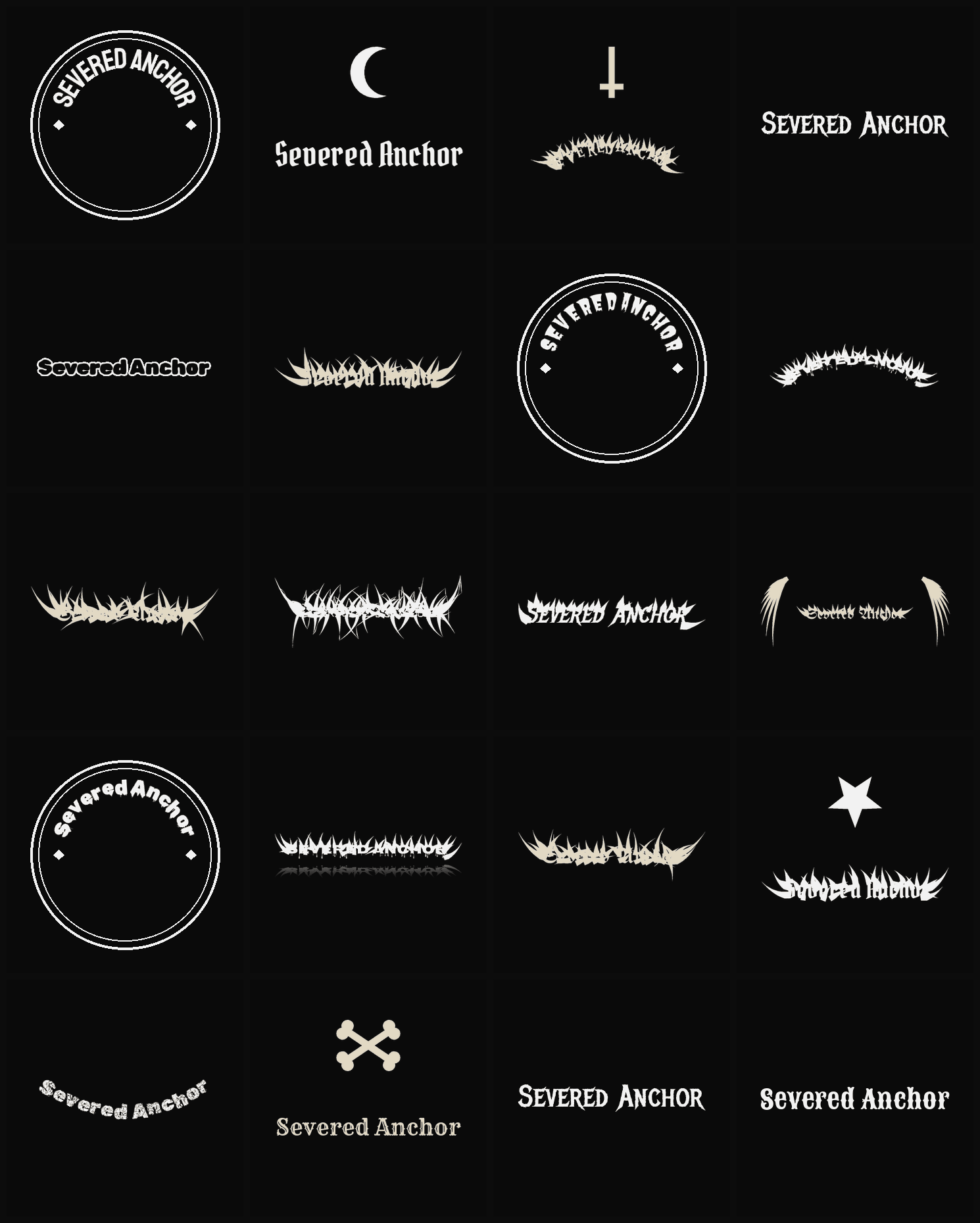 Twenty Severed Anchor band logo ideas — different faces, treatments and spike settings