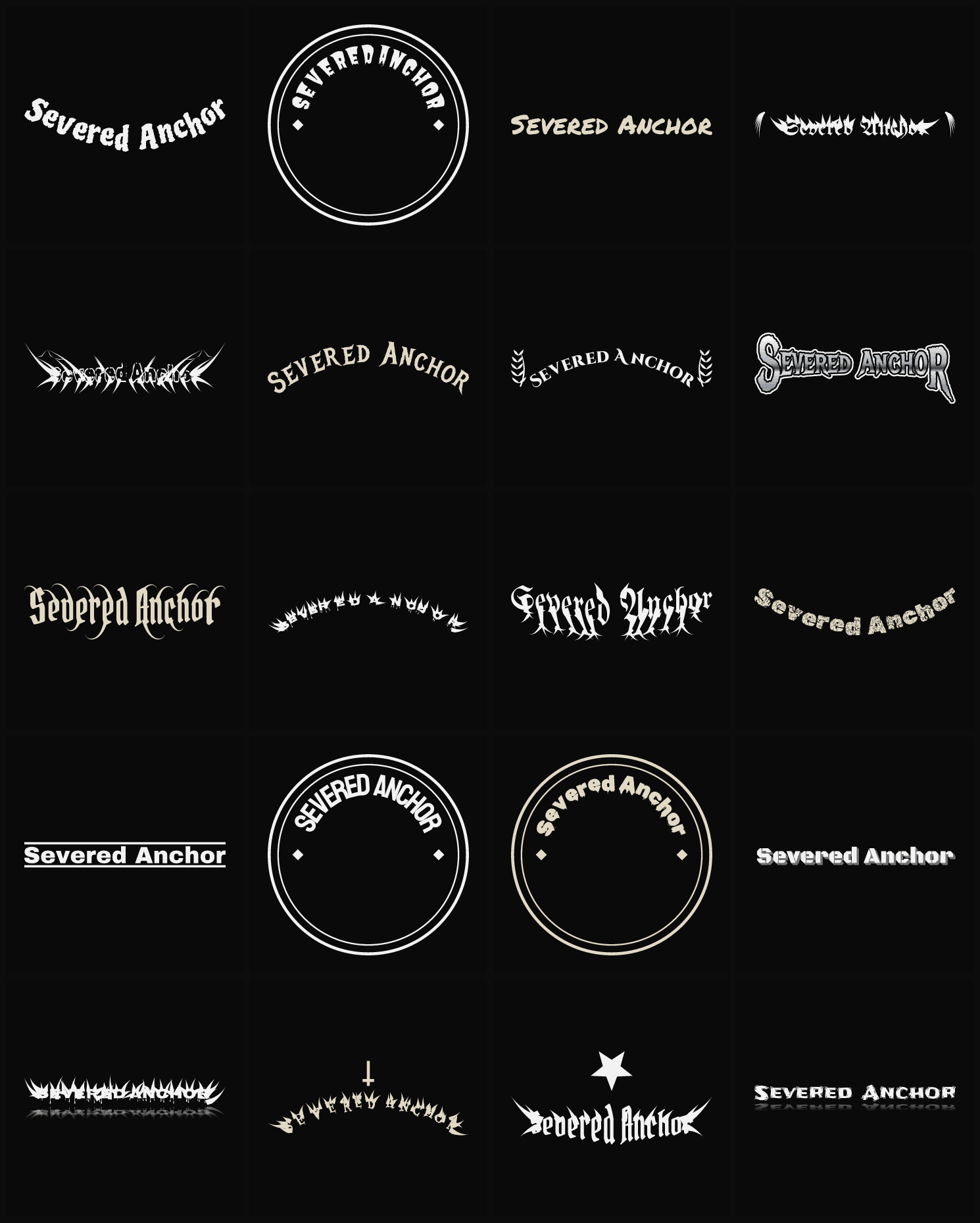 Twenty Severed Anchor band logo ideas — different faces, treatments and spike settings