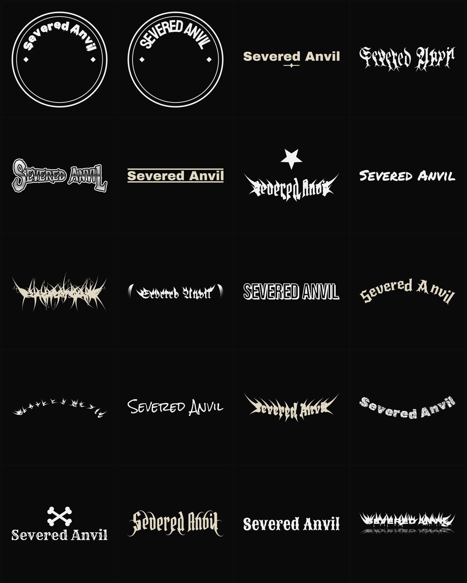 Twenty Severed Anvil band logo ideas — different faces, treatments and spike settings