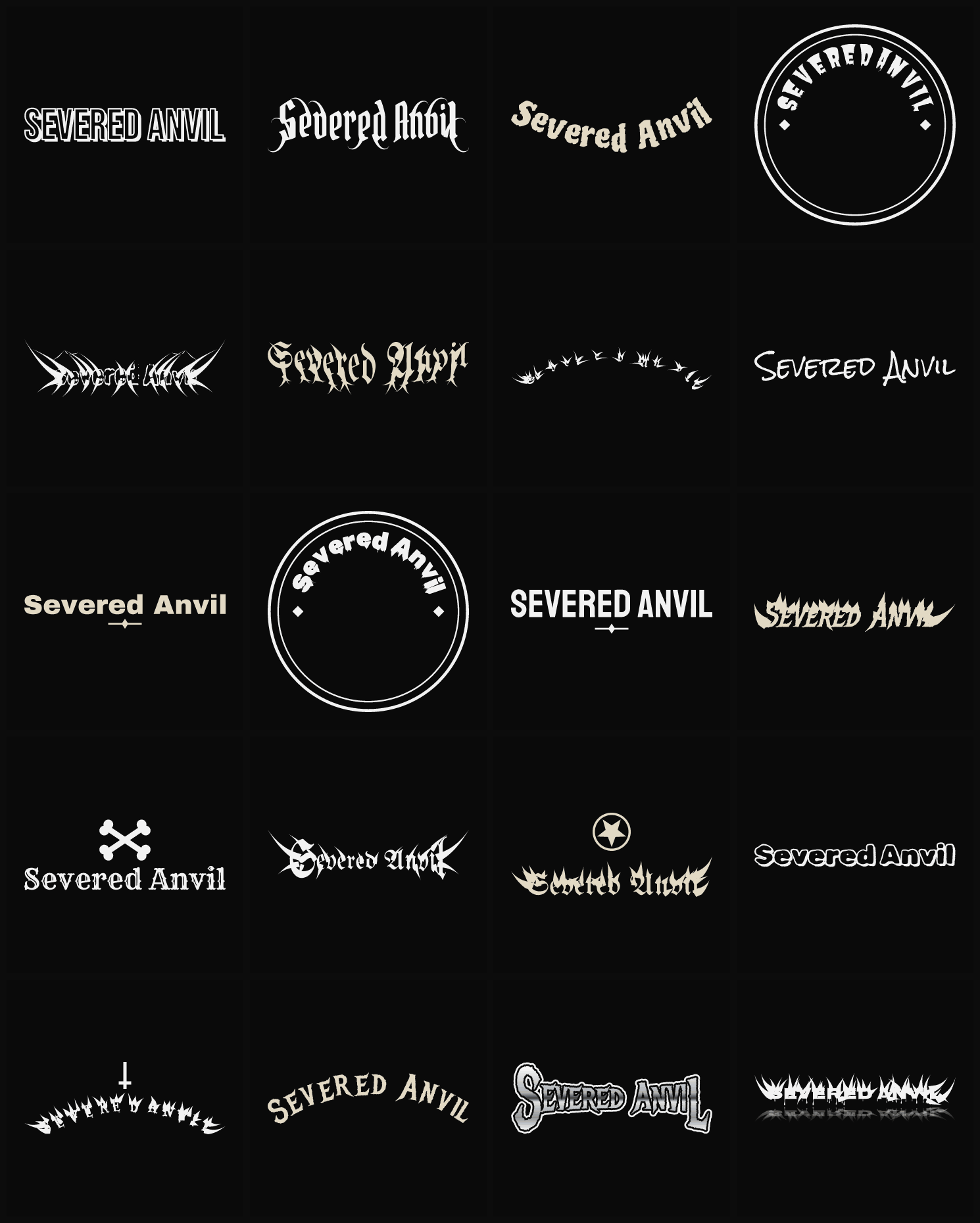 Twenty Severed Anvil band logo ideas — different faces, treatments and spike settings