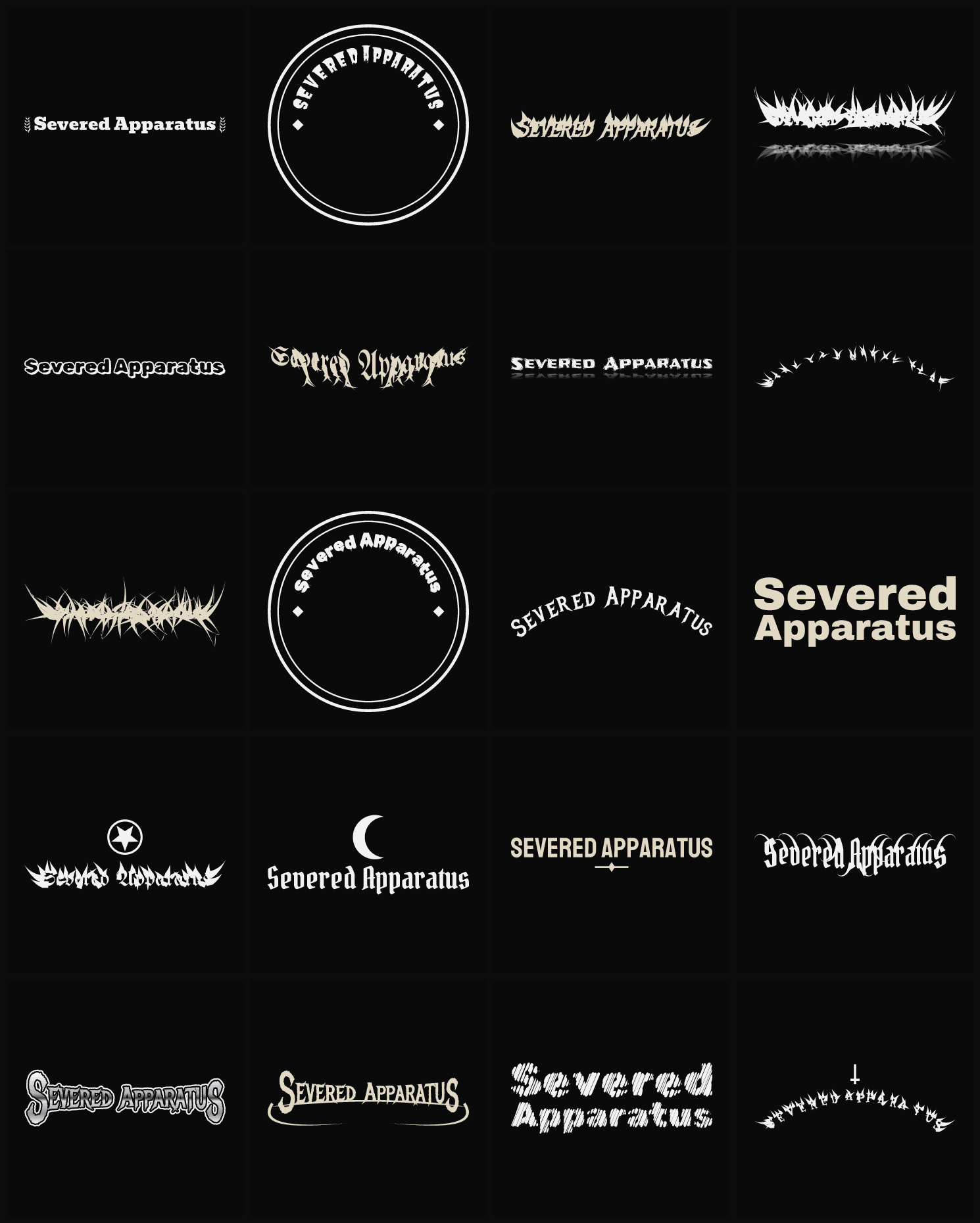 Twenty Severed Apparatus band logo ideas — different faces, treatments and spike settings