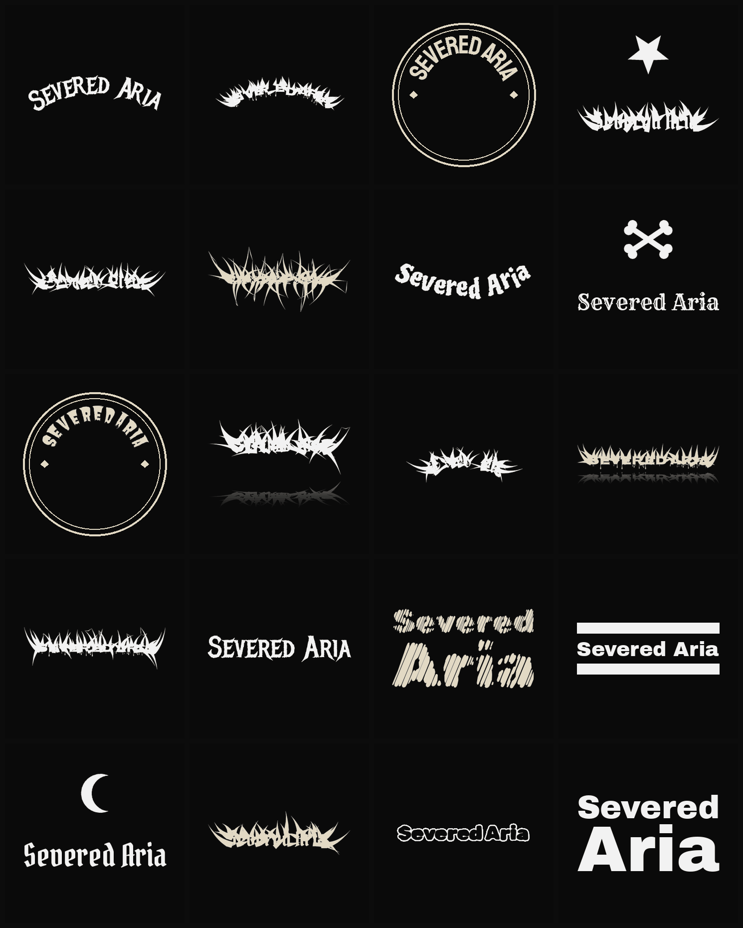 Twenty Severed Aria band logo ideas — different faces, treatments and spike settings