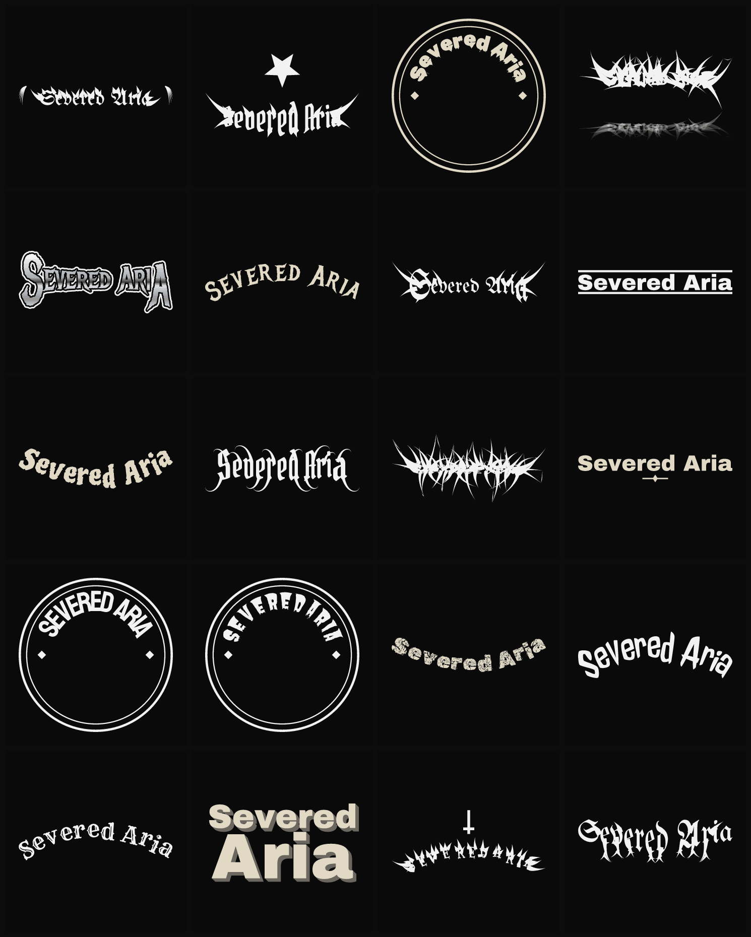 Twenty Severed Aria band logo ideas — different faces, treatments and spike settings