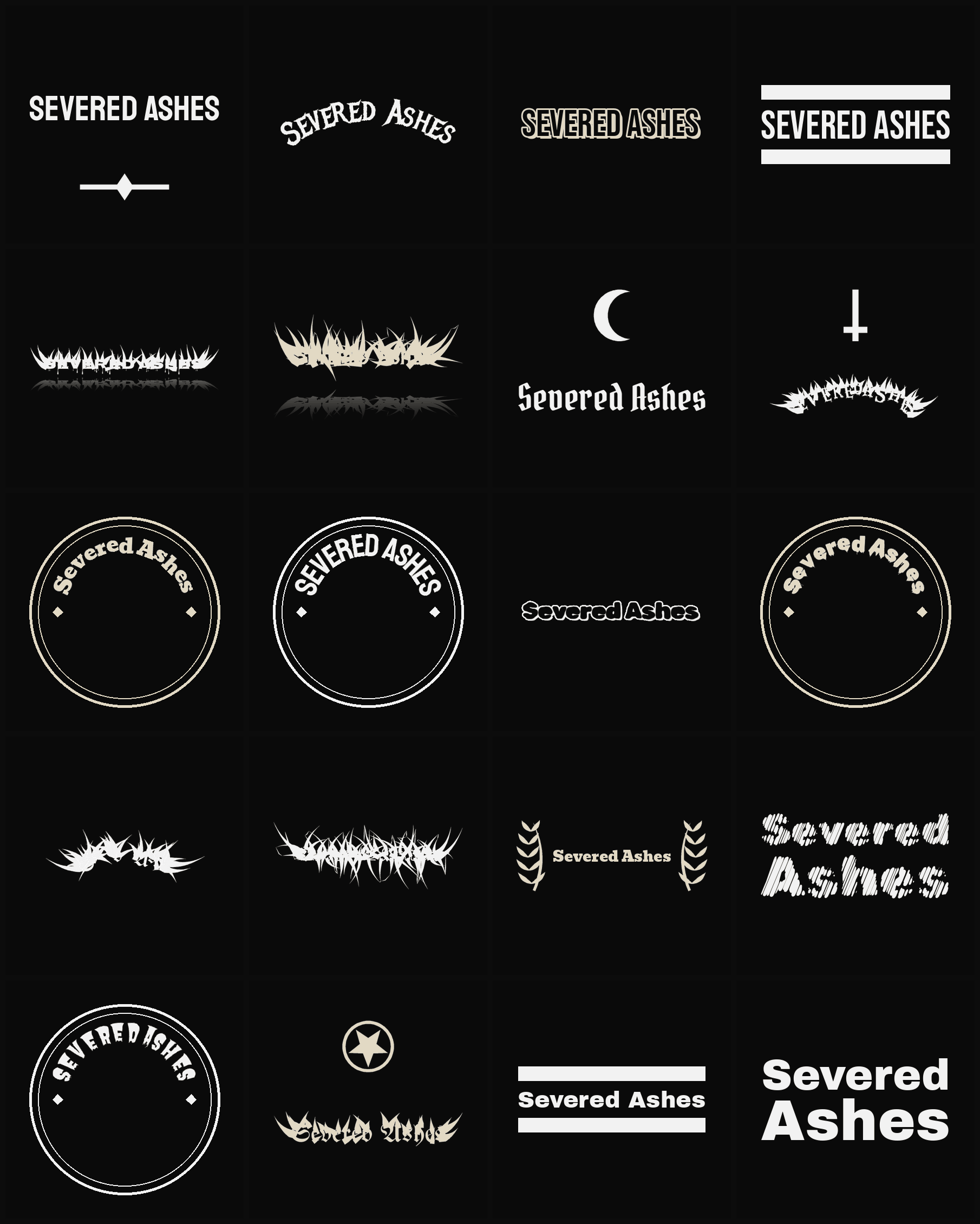 Twenty Severed Ashes band logo ideas — different faces, treatments and spike settings
