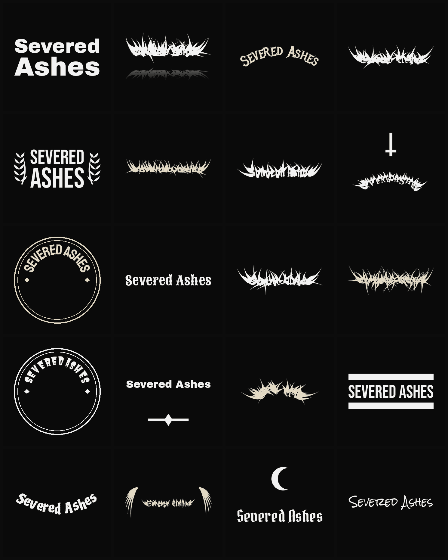 Twenty Severed Ashes band logo ideas — different faces, treatments and spike settings