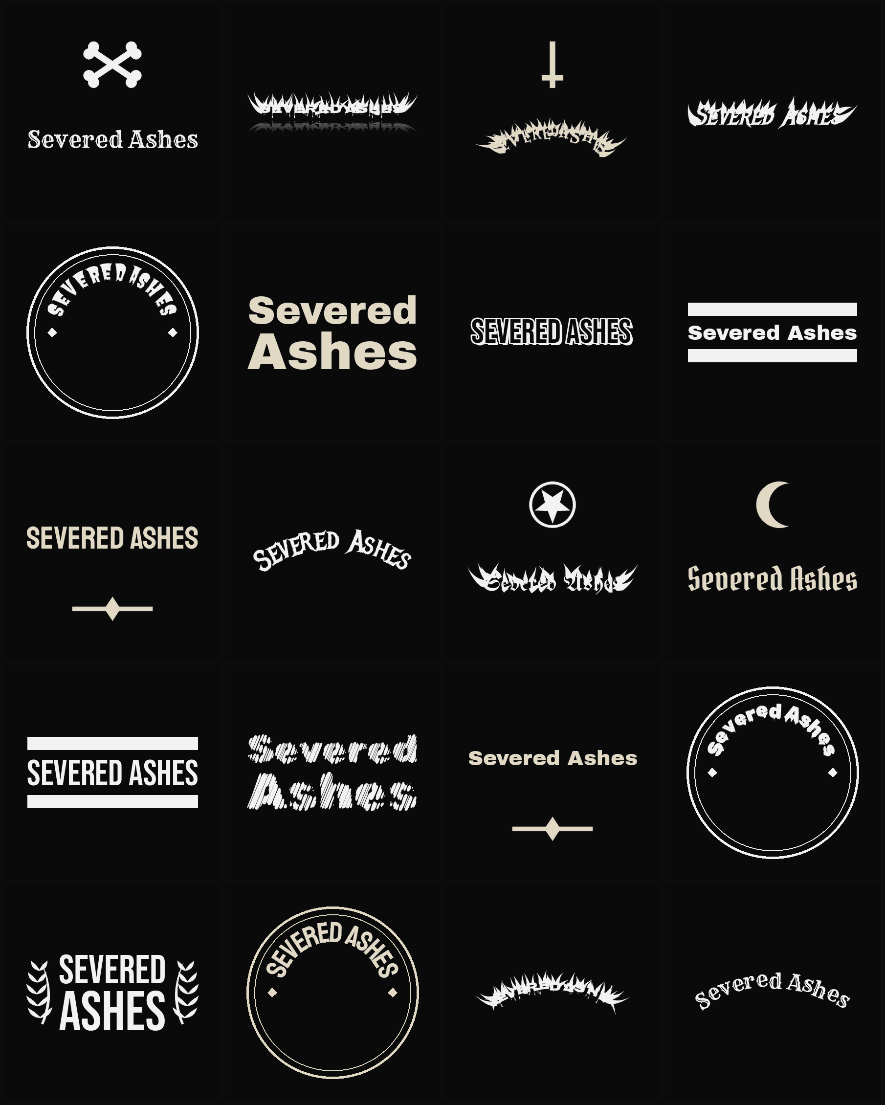 Twenty Severed Ashes band logo ideas — different faces, treatments and spike settings