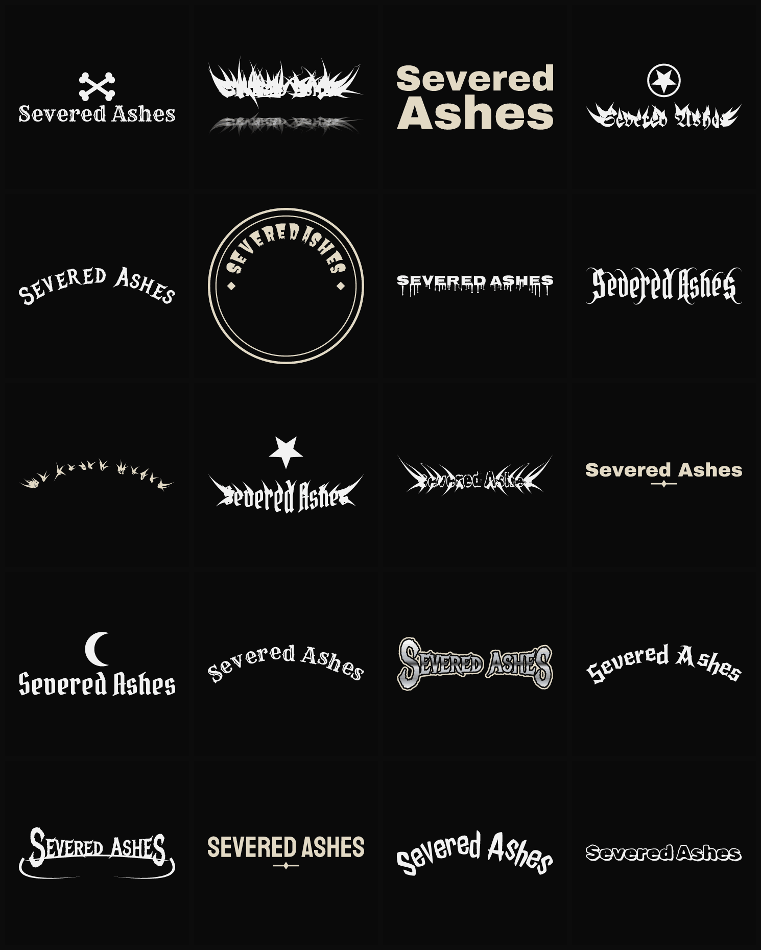 Twenty Severed Ashes band logo ideas — different faces, treatments and spike settings
