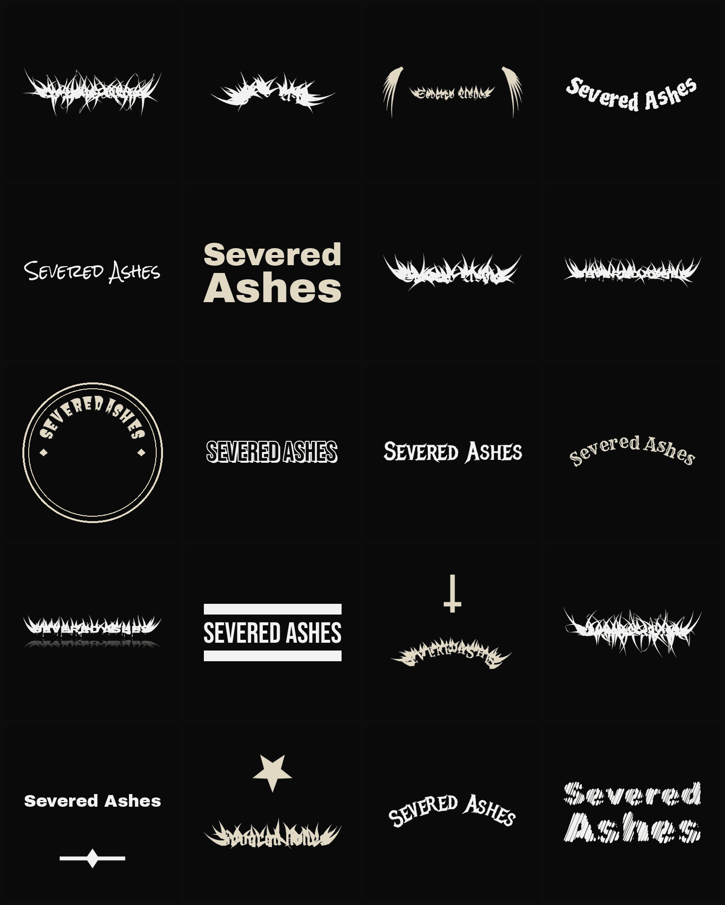 Twenty Severed Ashes band logo ideas — different faces, treatments and spike settings