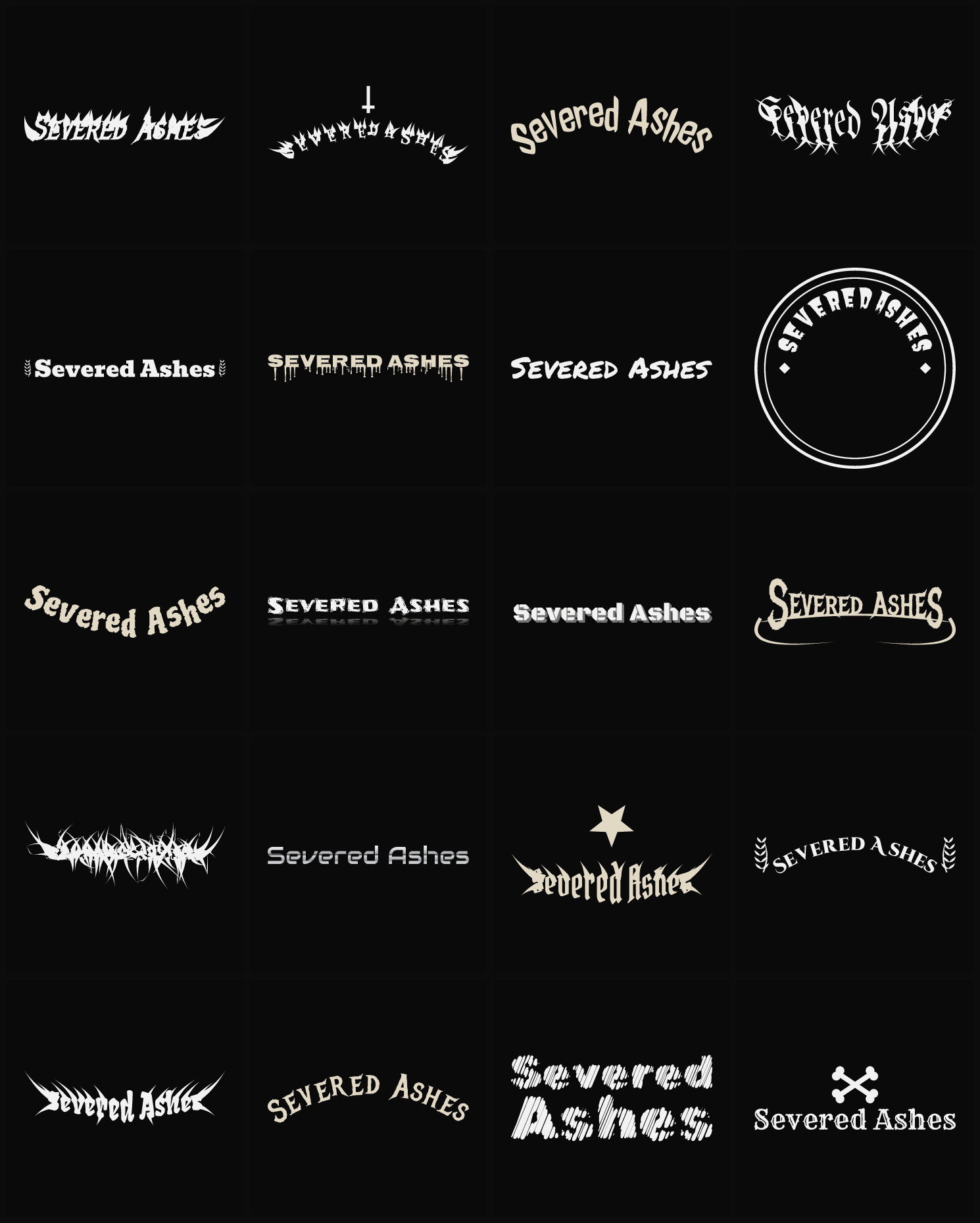 Twenty Severed Ashes band logo ideas — different faces, treatments and spike settings
