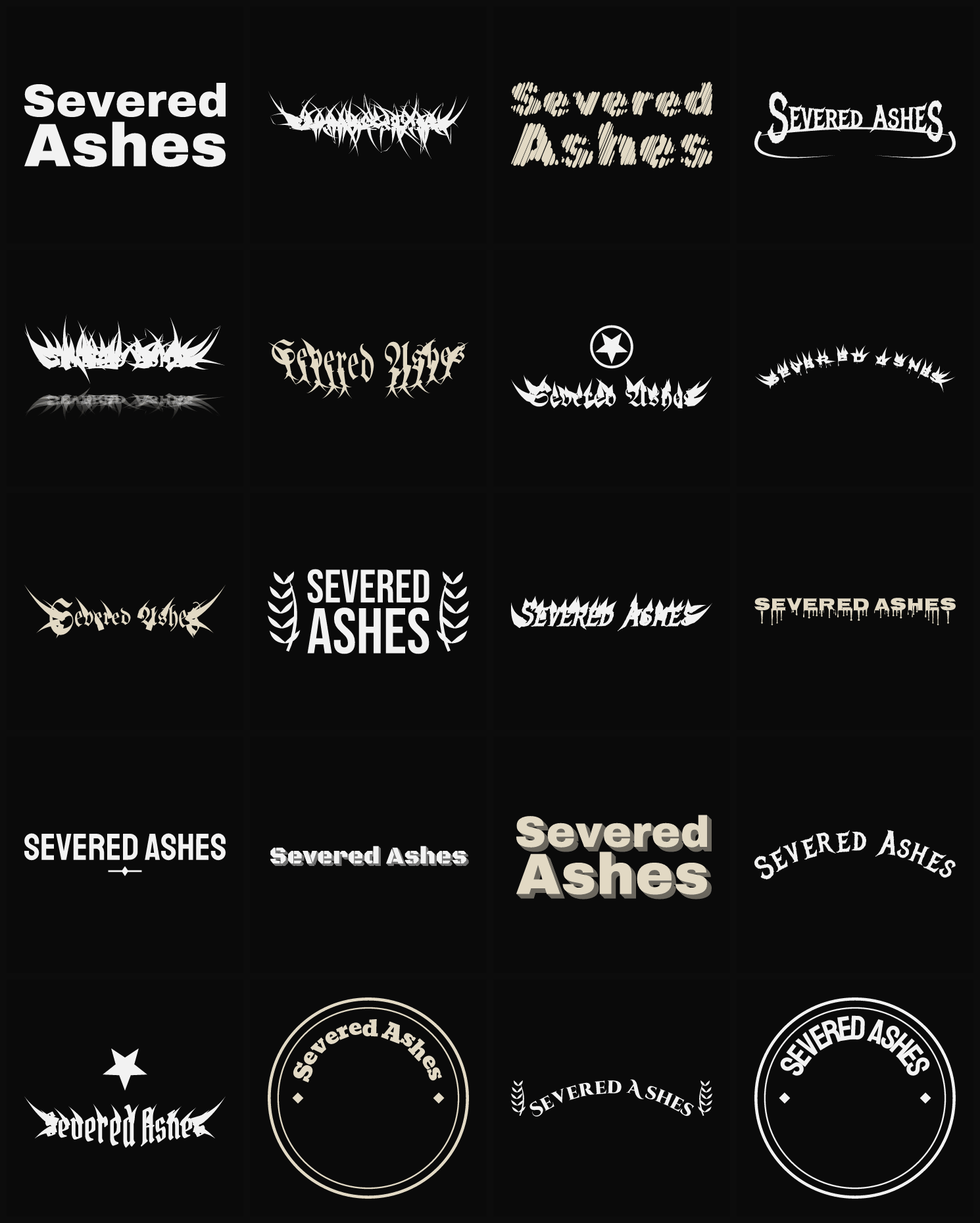 Twenty Severed Ashes band logo ideas — different faces, treatments and spike settings