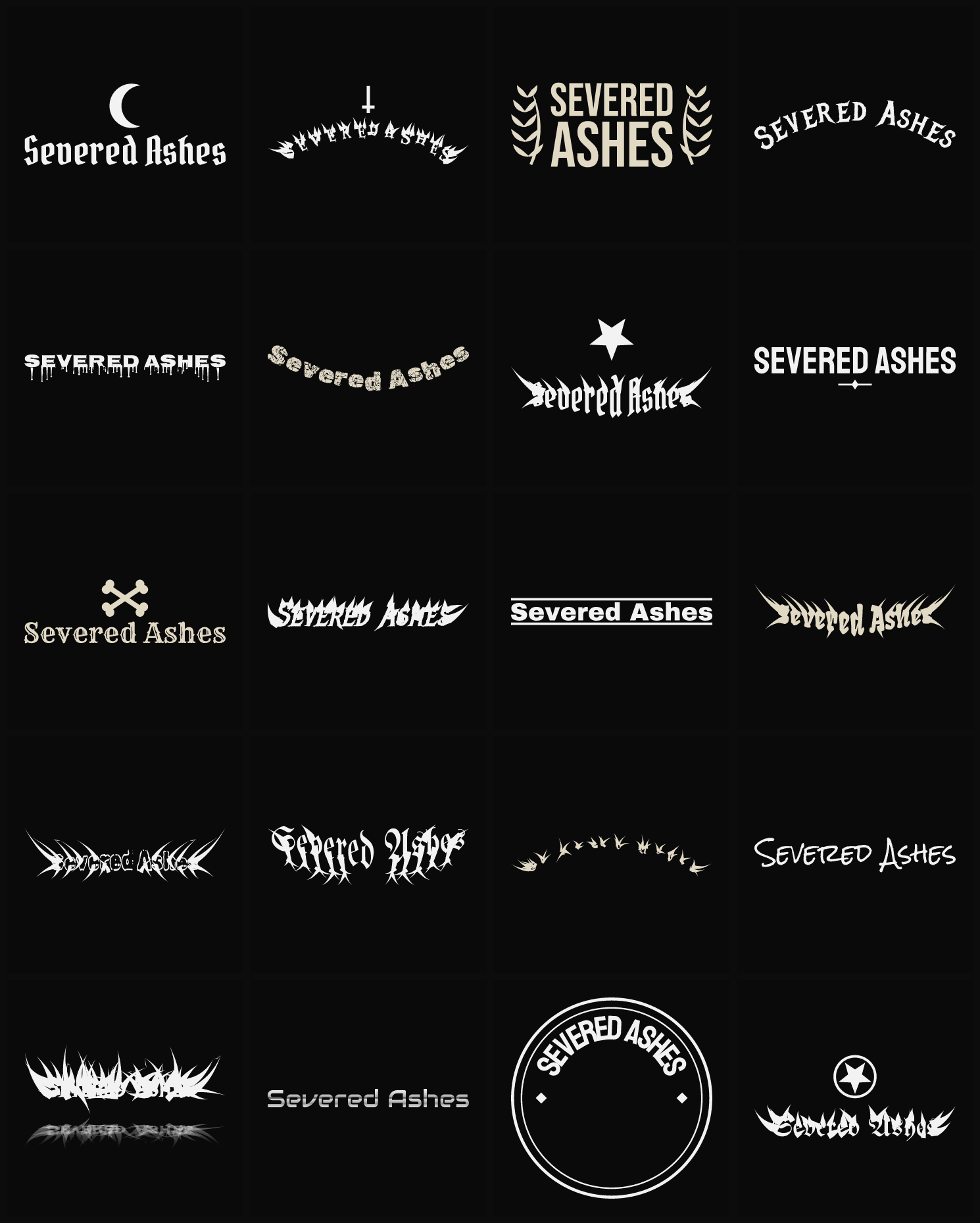 Twenty Severed Ashes band logo ideas — different faces, treatments and spike settings