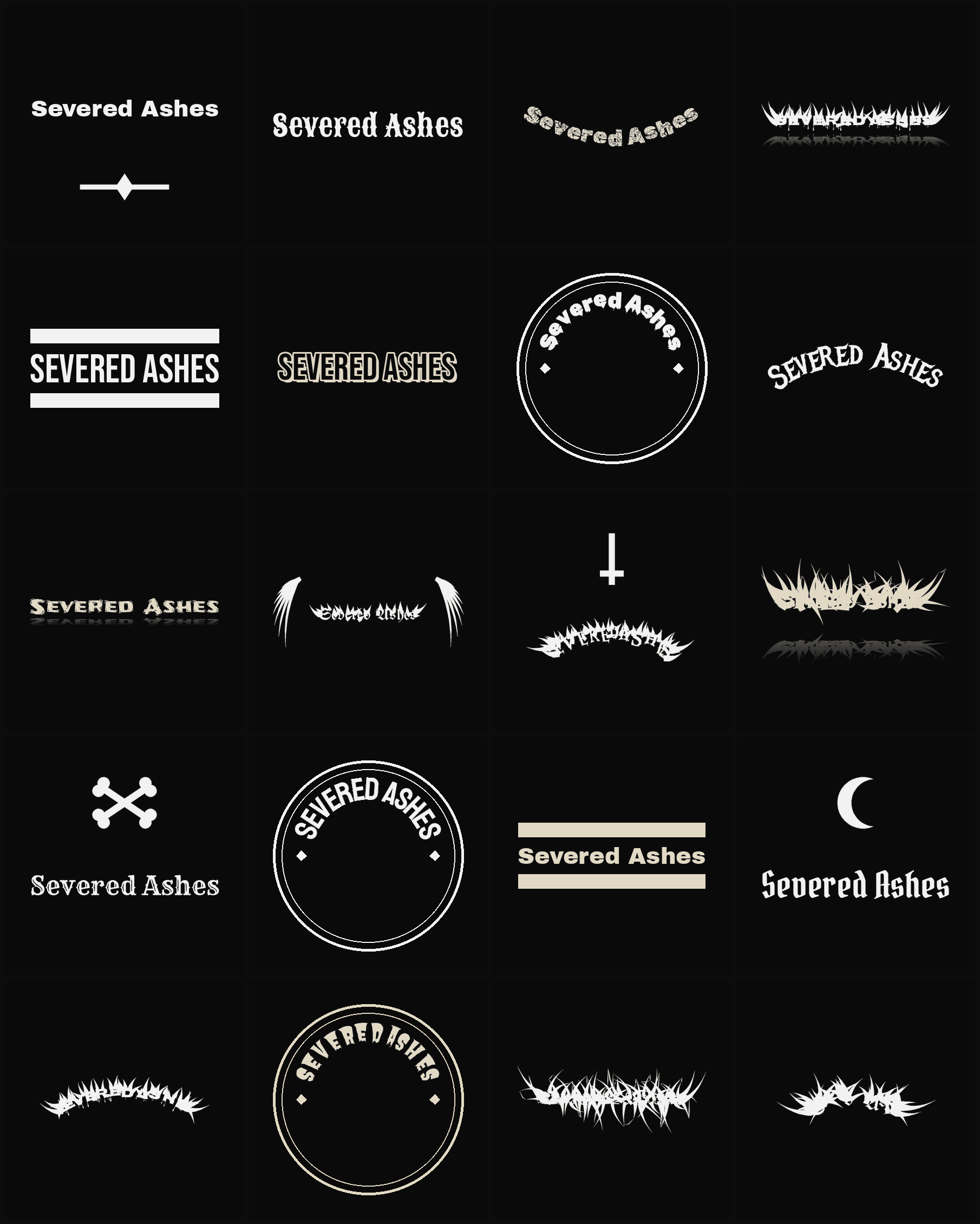 Twenty Severed Ashes band logo ideas — different faces, treatments and spike settings