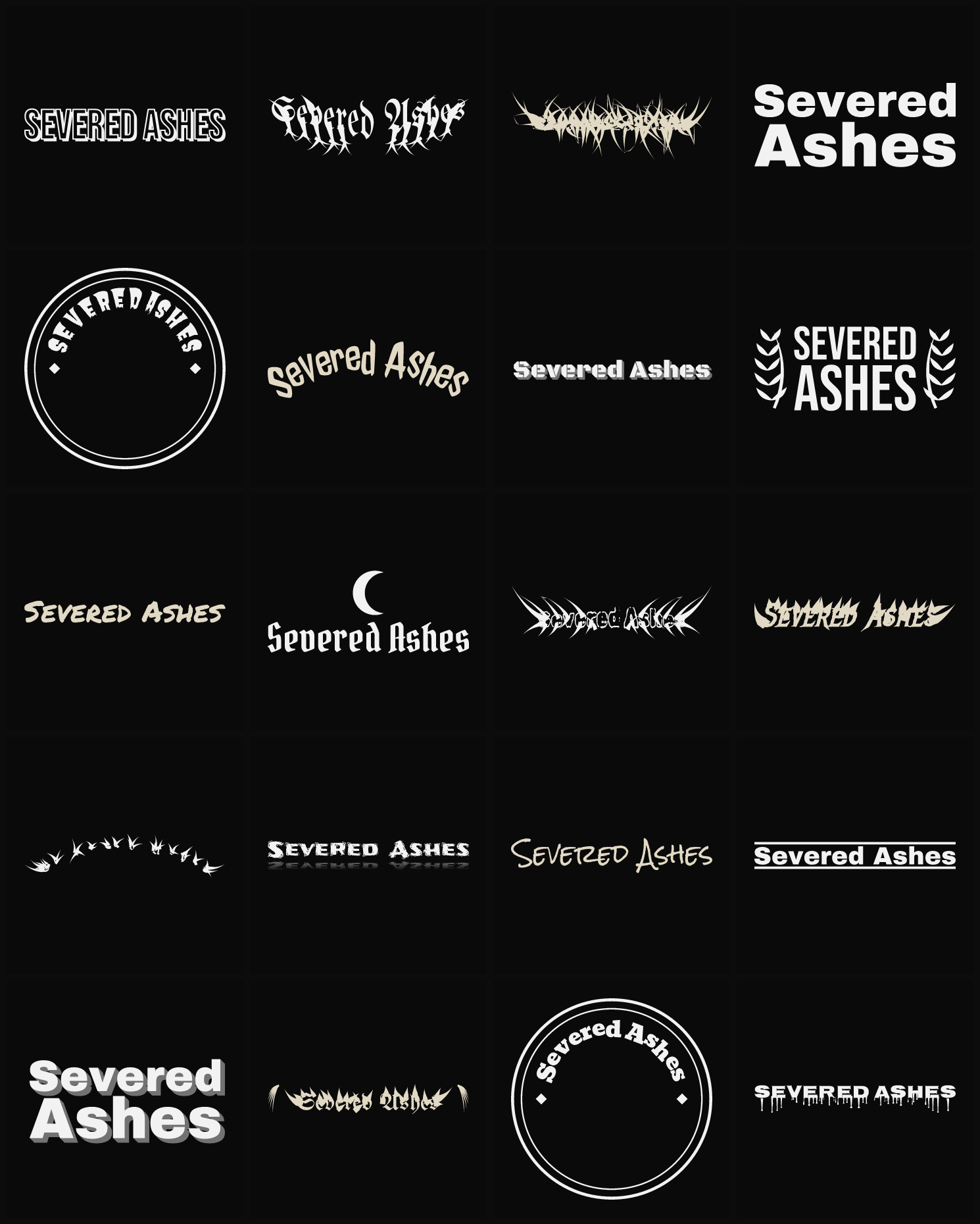 Twenty Severed Ashes band logo ideas — different faces, treatments and spike settings