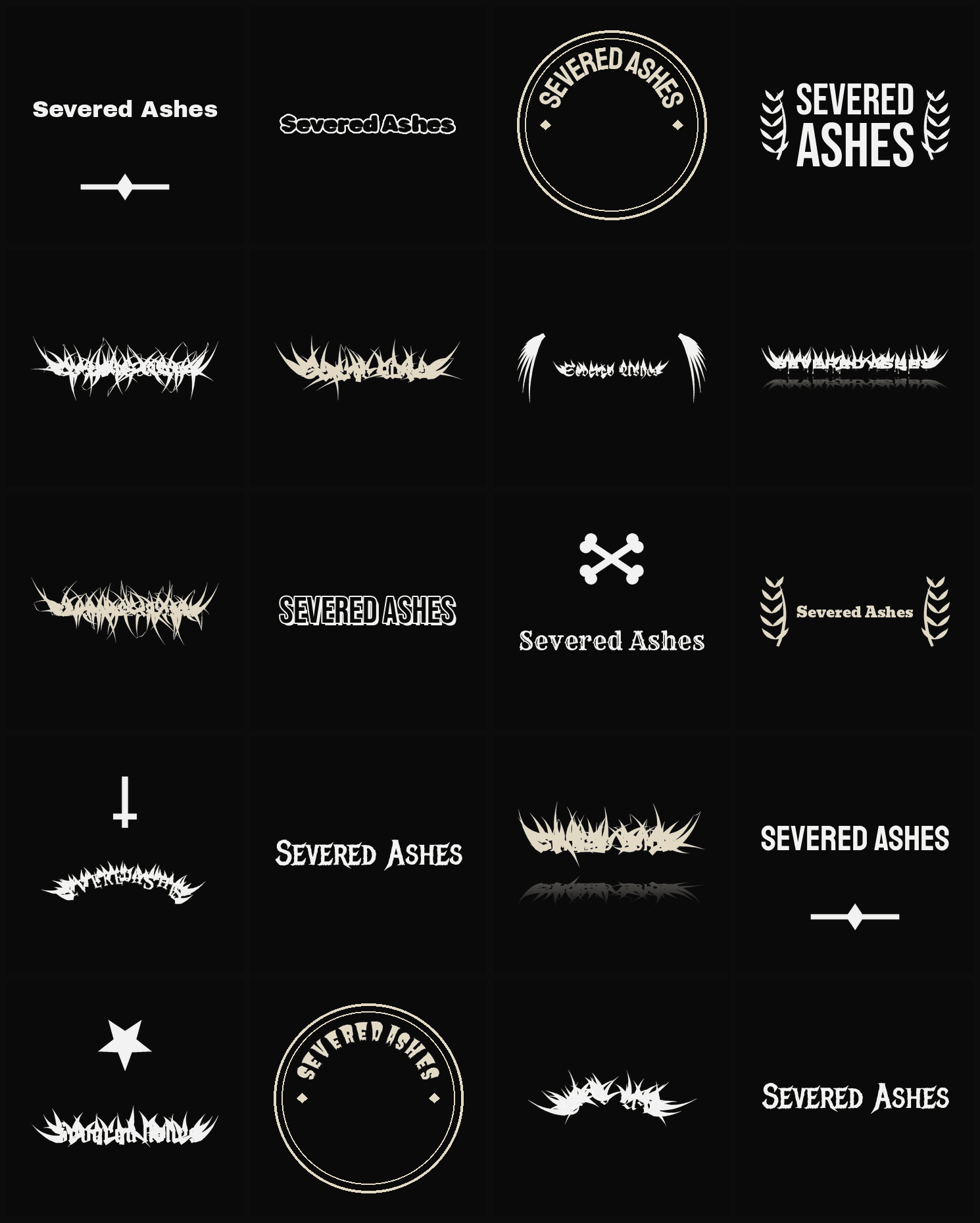 Twenty Severed Ashes band logo ideas — different faces, treatments and spike settings