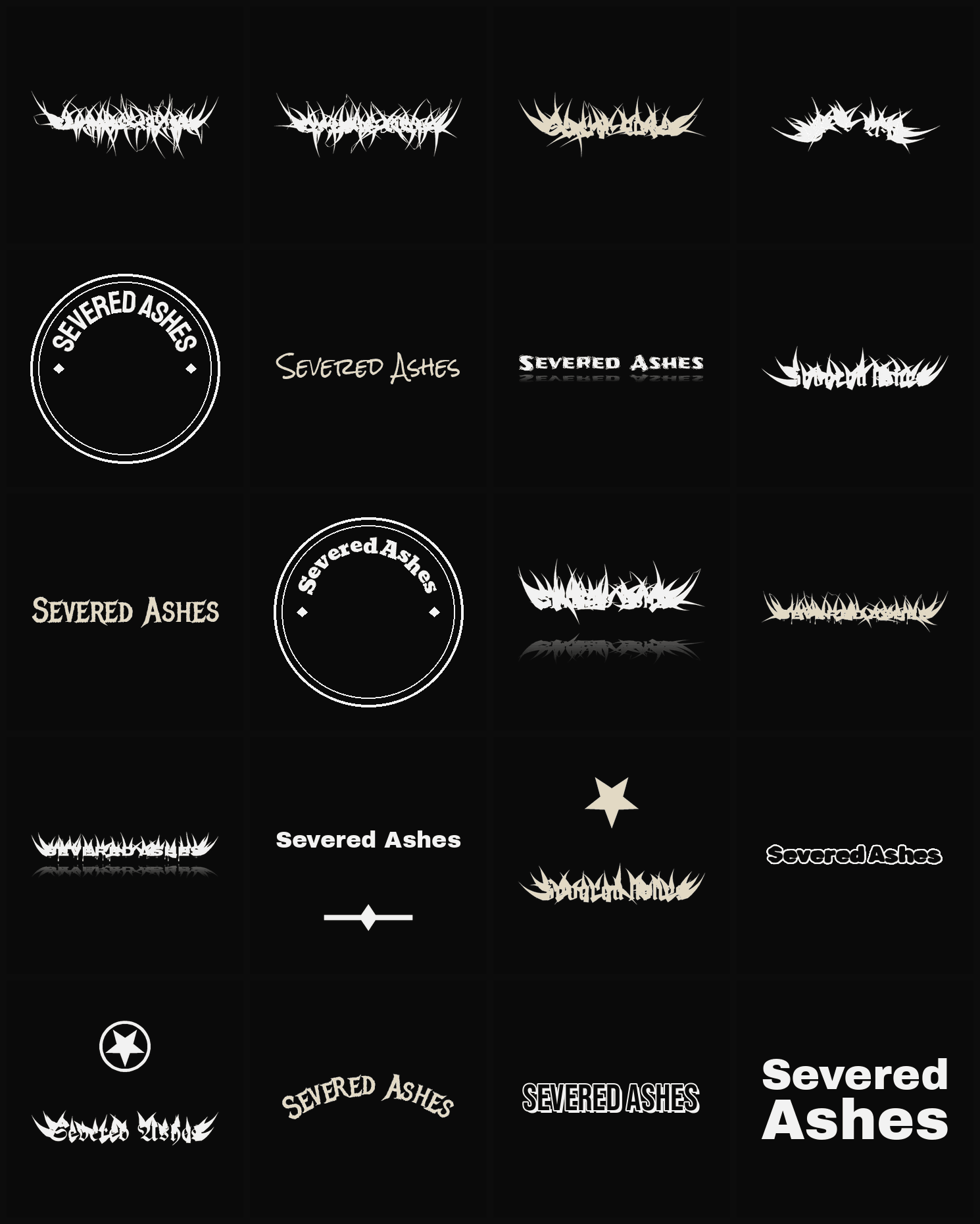 Twenty Severed Ashes band logo ideas — different faces, treatments and spike settings
